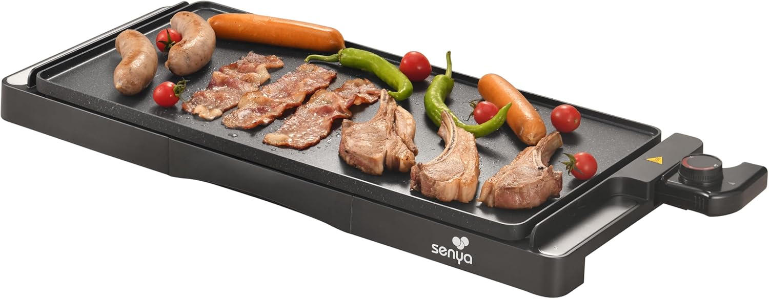 SENYA XL Electric Stone Grill Plate, 2000 W, Large Grill Surface 51 x 25 cm, Non-Stick Coating, Plancha Grill Thermostat Adjustable, Cleaning Dishwasher Safe