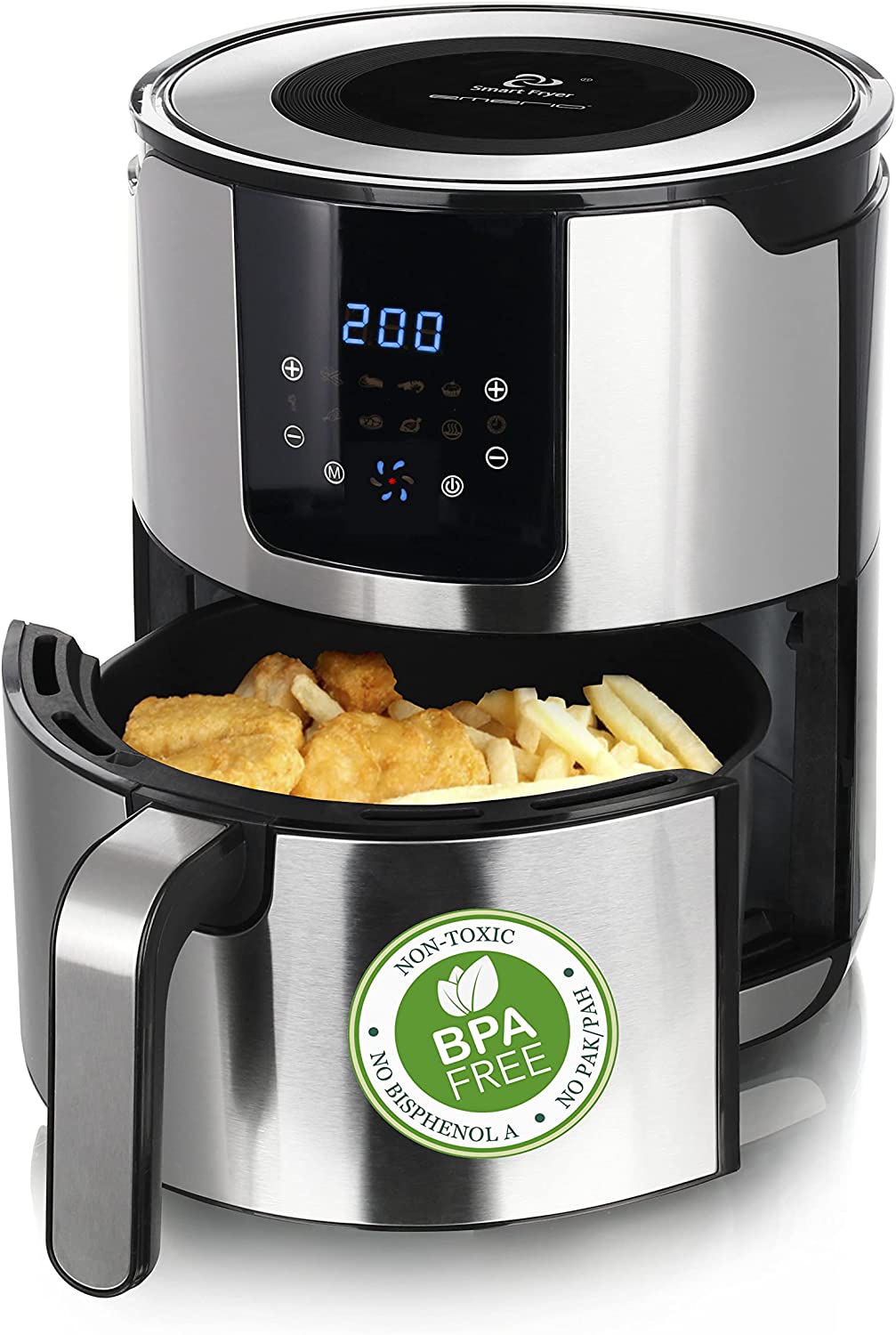 Emerio Hot Air Freyer, Smart Fry, Frying Without Oil, Easy to Clean, 5.0 L Volume for the Whole Family, Stainless Steel, 1400 Watt, BPA Free, Digital, 7 Automatic Programs, Silver