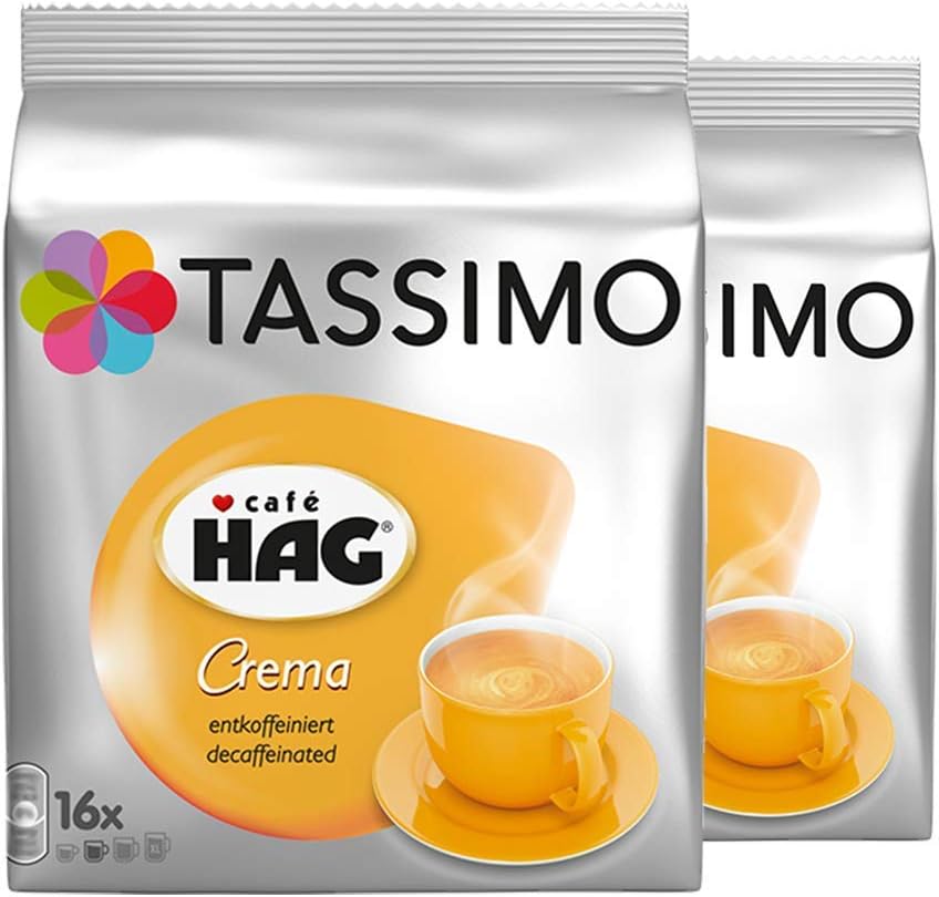 Tassimo Café HAG Crema Decaffeinated, Rainforest Alliance Certified, Pack of 2, 2 x 16 T-Discs