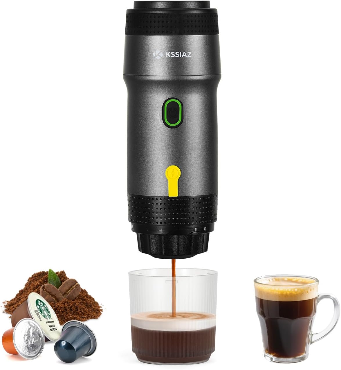 Portable Espresso Machine, Electric Espresso Machine with Self-Heating, USB & Car Charger, Mini Coffee Machine with NS Capsule & Ground Coffee for Camping, Hiking, Travel, Black