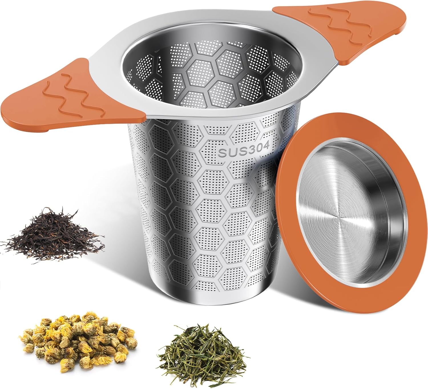yomanta Tea strainer for loose tea with lid, wide handle with heat-resistant silicone, 304 stainless steel tea strainer for teapots/cups, orange