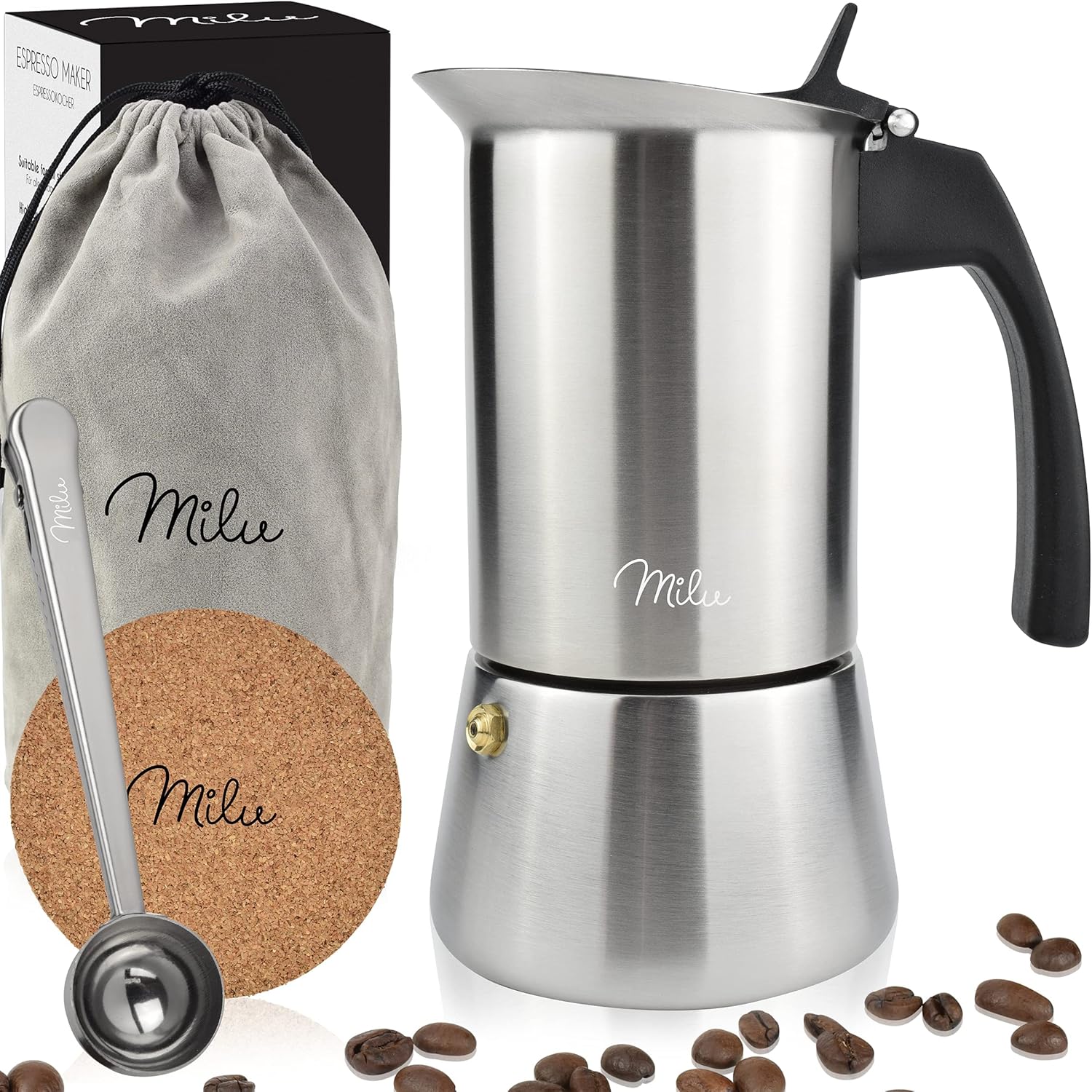 Milu Espresso Maker Suitable for Induction Hobs, 2/4/6 Cups, Stainless Steel Mocha Pot, Espresso Pot, Espresso Maker Set incl. Coaster, Spoon, Brush