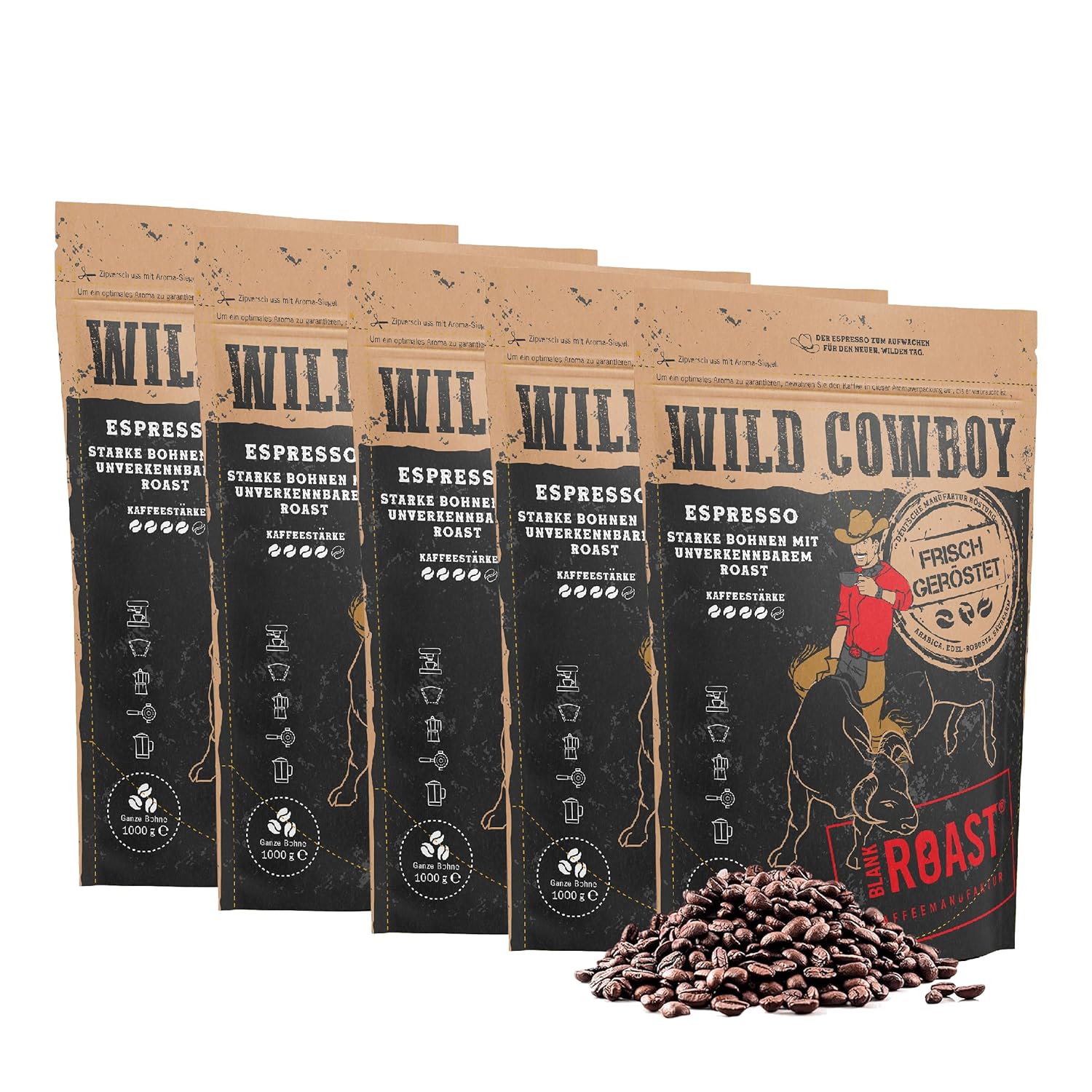 Blank Roast - Wild Cowboy Espresso - Espresso Beans 1 kg (Pack of 5) - Roasted with Hickory Wood - Arabica & Edel Robusta - Blend from Brazil and Uganda - with Chocolate Nuances - Low Acid