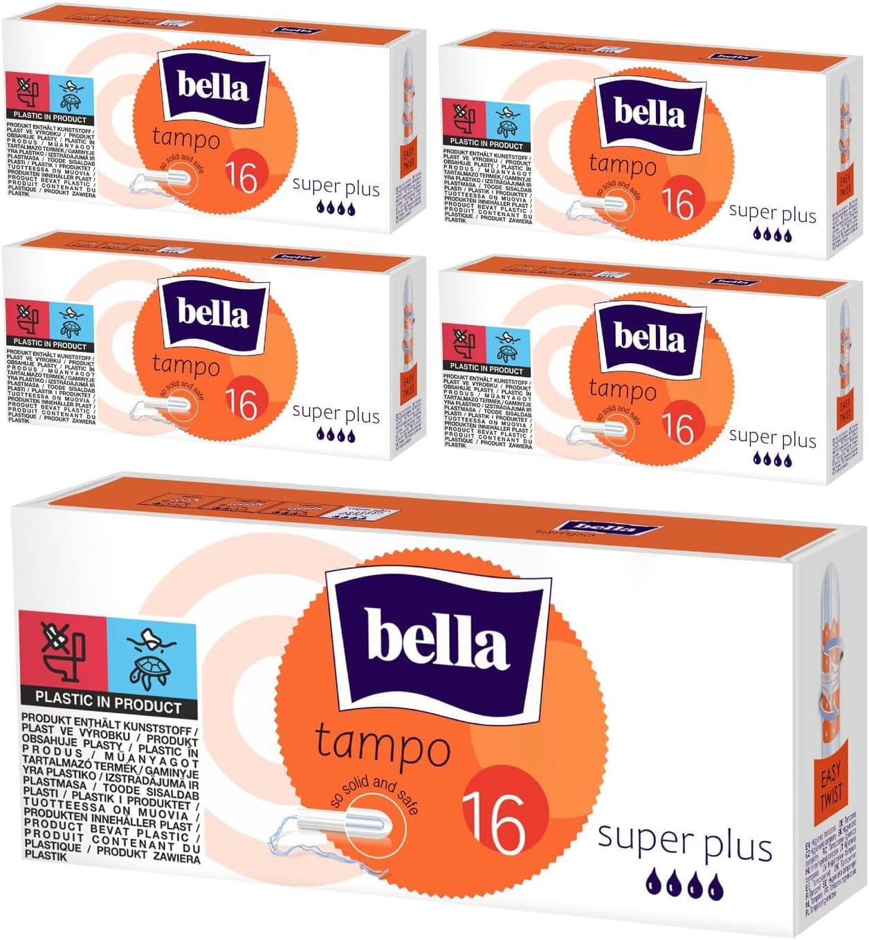 bella Tampo Tampons Super Plus: Super Plus Tampons with Easy Twist System, Pack of 5 (5 x 16 Pieces), Perfect for Beginners