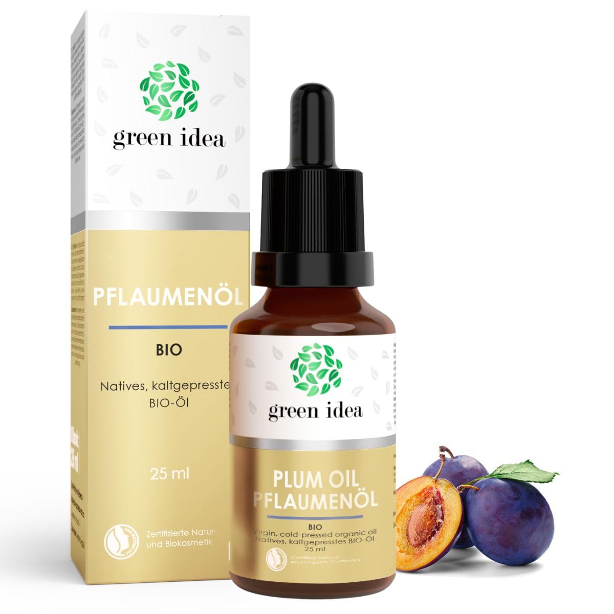 Green idea - Plum Oil Organic Face 100% Pure, Natural, Cold Pressed | For Hair, Skin, Lips and Nails | NaTrue Certificate | Glass Bottle and Pipette 25 ml
