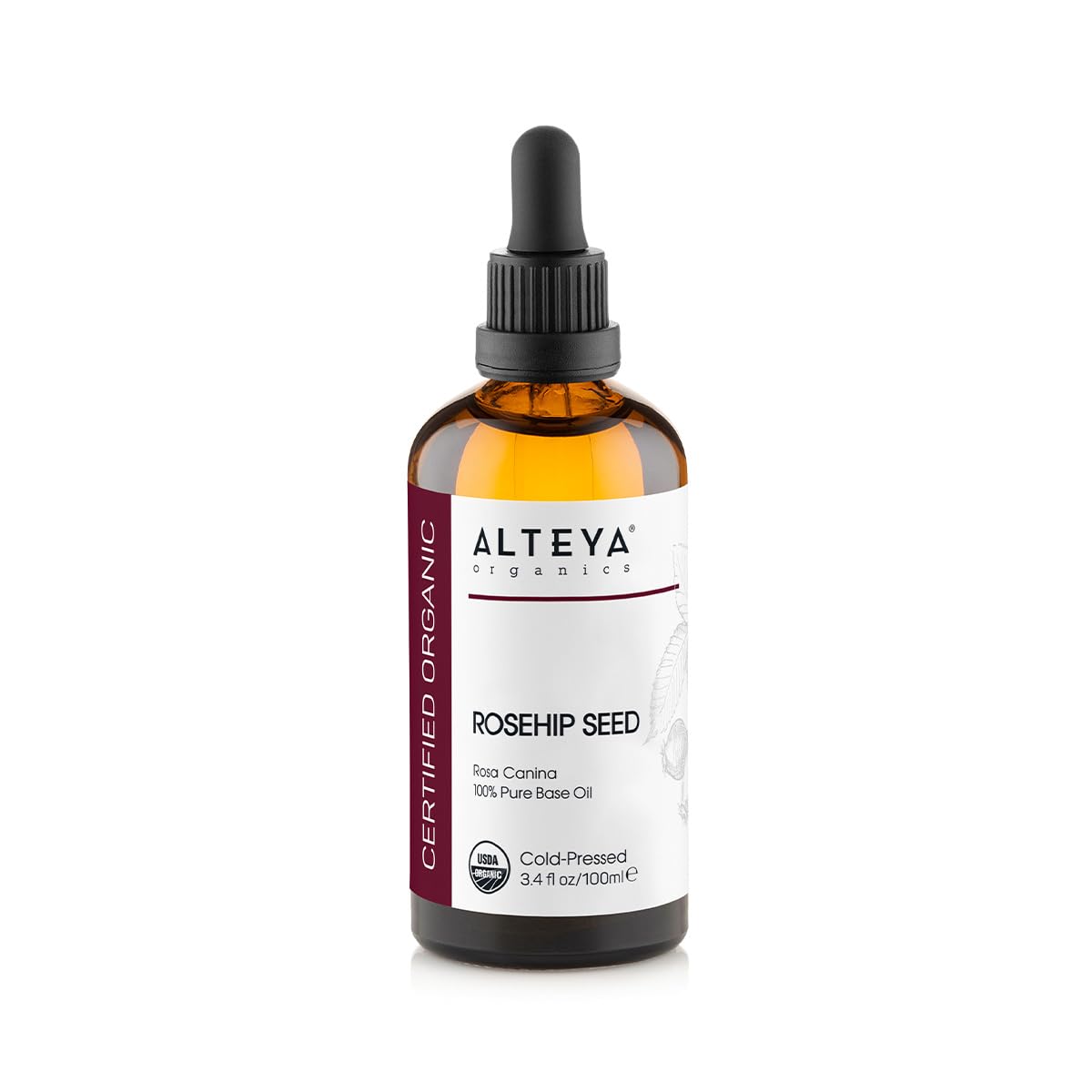 Alteya Organic Rosehip Oil 100 ml - 100% USDA Organic Certified Pure Natural Cold Pressed Rosehip Seed Carrier Oil - Moisturising, Restorative, Premium Therapeutic Quality