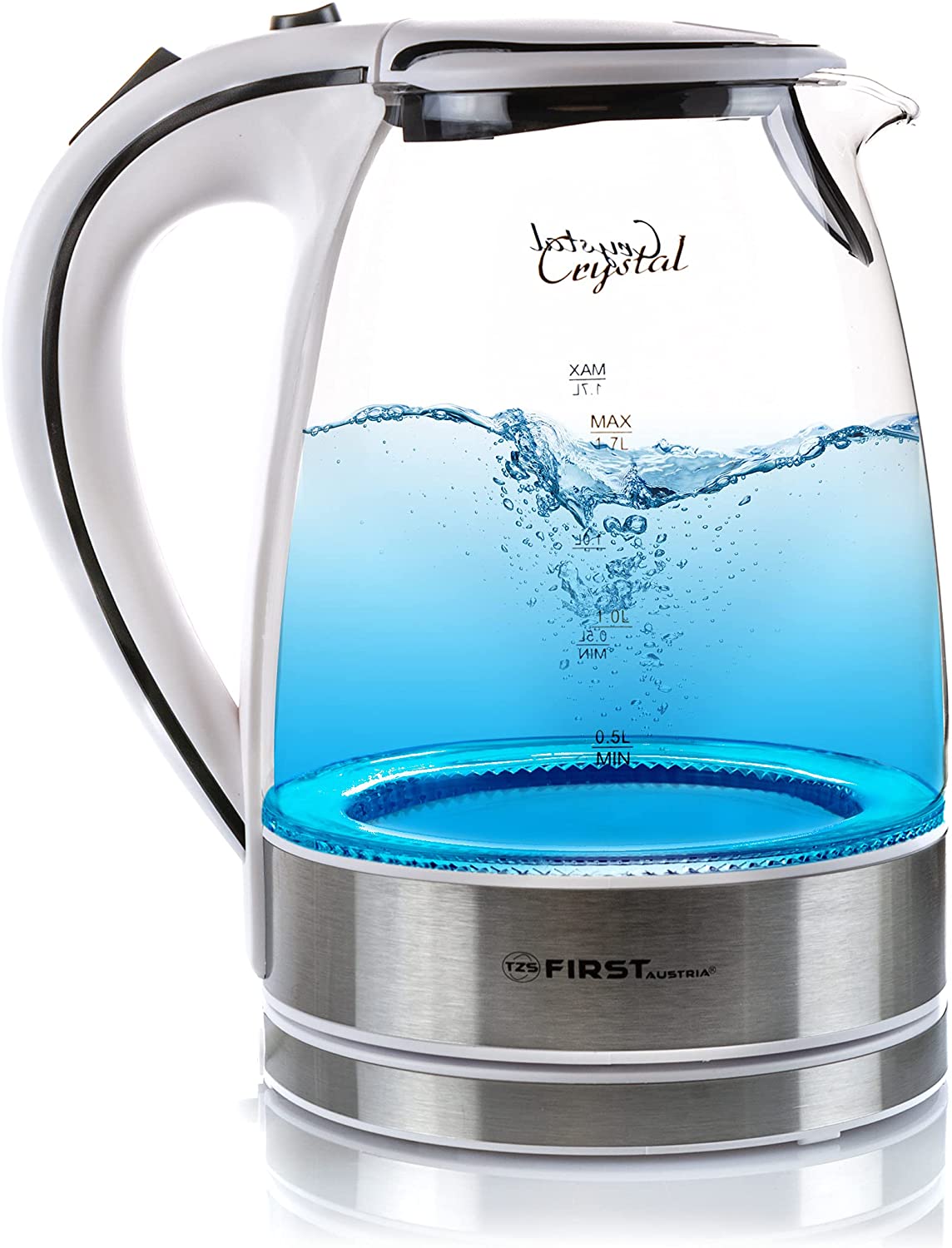 TZS First Austria 2200 Watt Glass Kettle 1.7 Litre Stainless Steel Blue LED Light 360 Degree Cordless, Limescale Filter, BPA Free, White