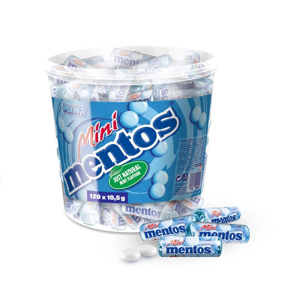 Mentos Mint Classic Bucket Contains 120 Mini Rolls of 5 Mint Dragees, Peppermint Flavored Chewy Sweets, Storage Box (120 Mini Rolls), Vegan