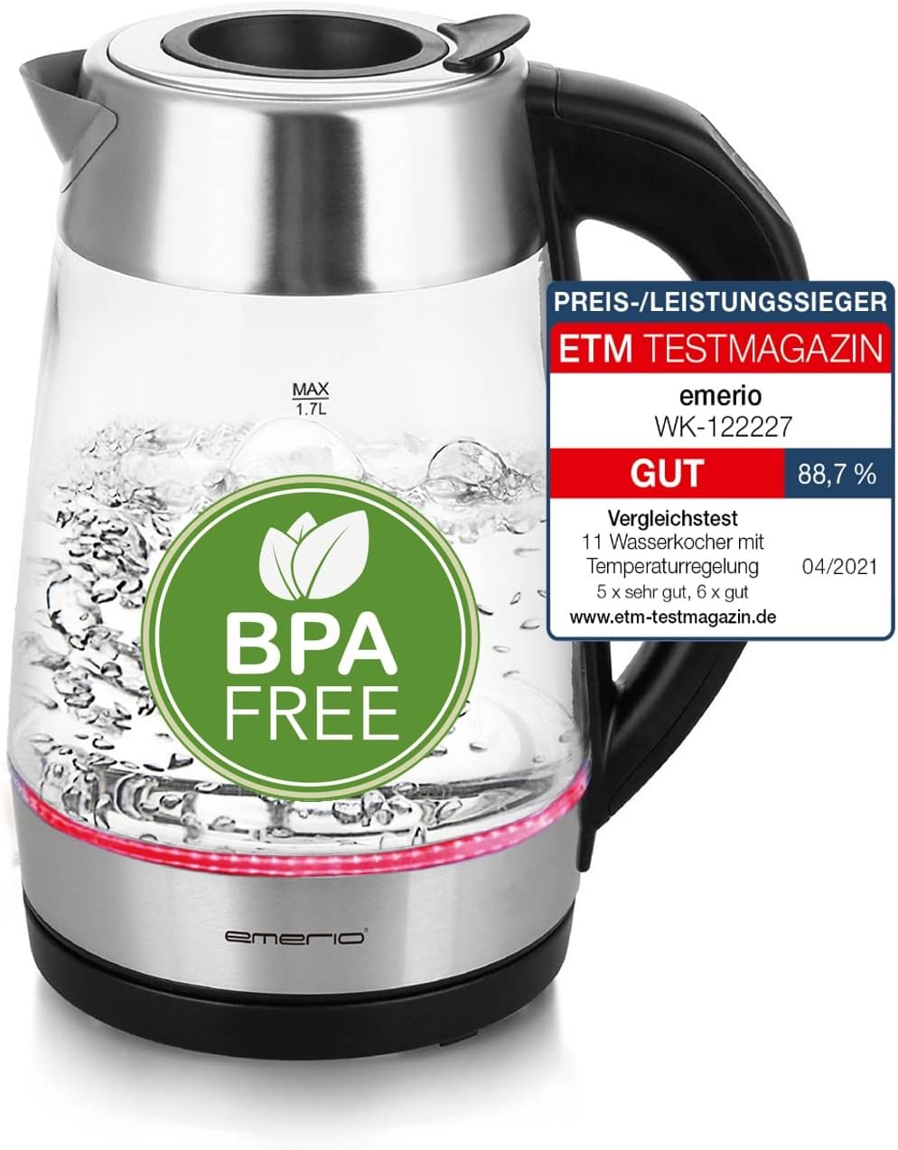 Emerio WK-122227 Glass Kettle with Smart Easy Fill Function, Temperature Selection (60°C/70°C/80°C/90°C/100°C), BPA-Free, Boil-Dry Protection, Auto-Off, 2200 Watt, 1.7 Liters, Silver/Black