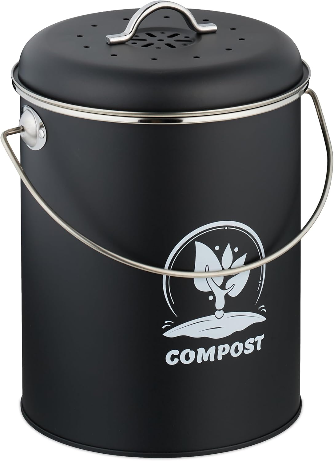 Relaxdays Kitchen Compost Bin 5.5 Litres, Rubbish Bin with Lid and Odour Filter, Waste Bin, Organic Waste, Iron, Black