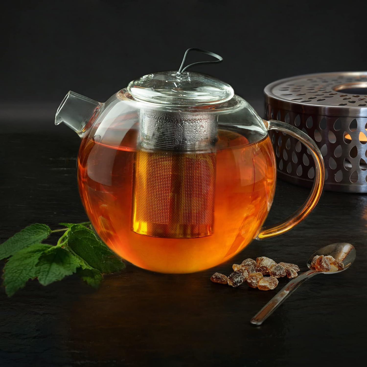 Creano Glass teapot 1.5 l jumbo + a stainless steel warmer, 3-piece glass teapot with integrated stainless steel strainer and glass lid, ideal for preparing loose teas, drip-free