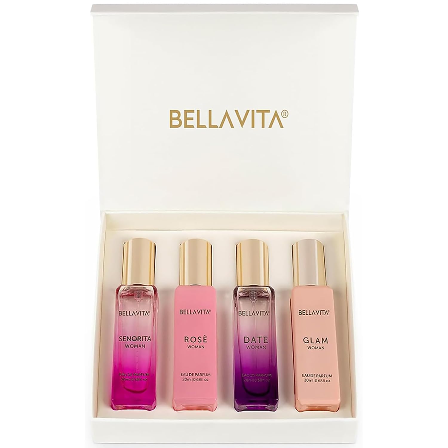 BellaVita Luxury Perfume Gift Set for Women (4 x 20 ml) | French EDP | Floral, Sweet, Vanilla and Musk | Date, Senorita, Glam & Rose | The Perfect Valentine's Day Gift