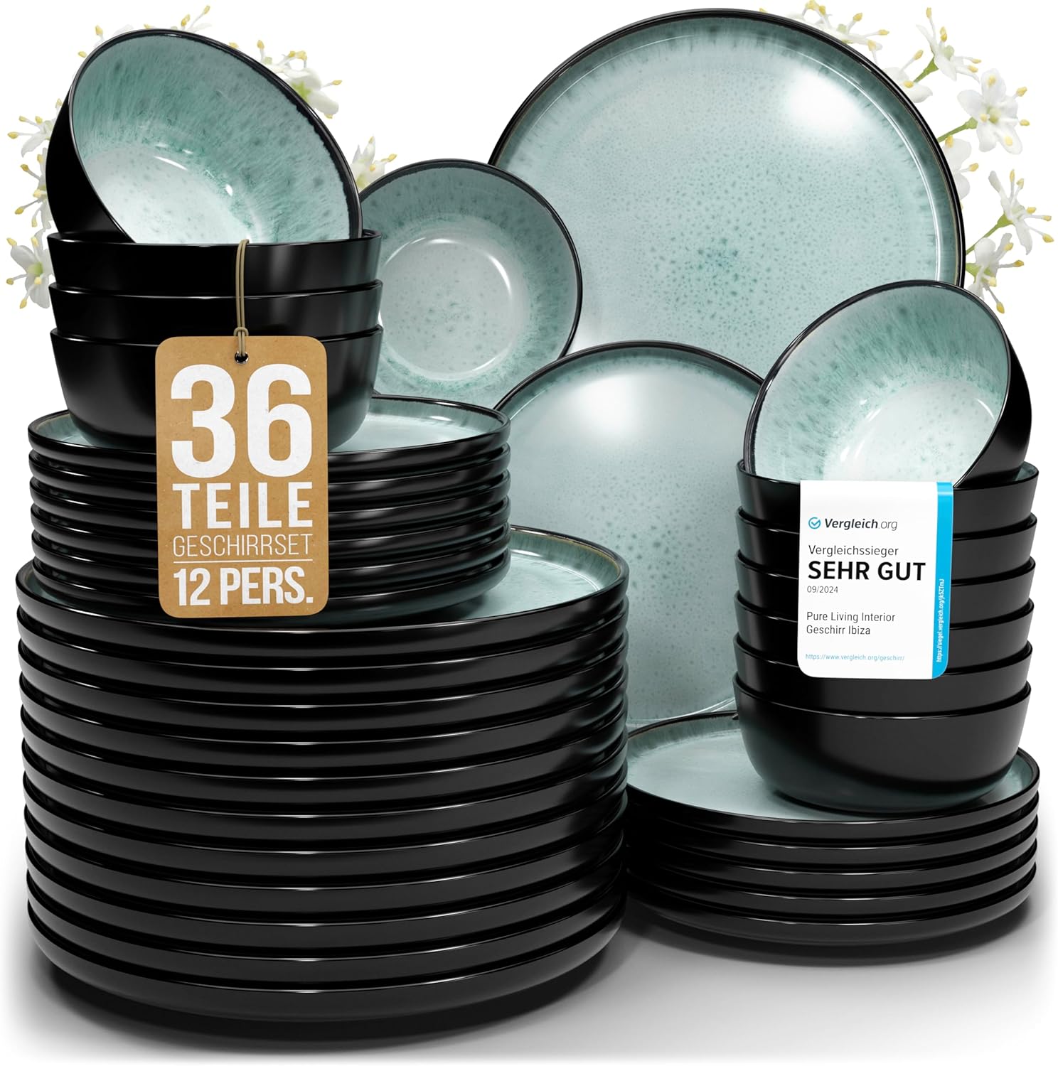 Pure Living Ibiza Stoneware Crockery Set for 12 People, 36-Piece Mediterranean Stoneware Tableware Set, ‘Very Good’ in Test, Bowl and Plate Set, Dinner Service for 12 People, Sage Green