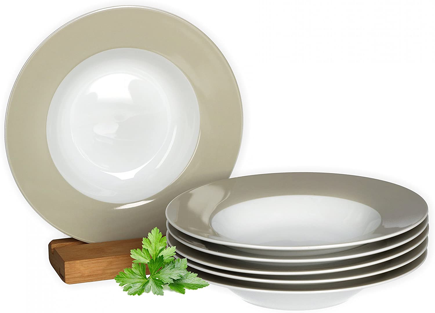 Van Well Vario Soup Plate Set 6 Pieces I Plate Service for 6 People I Deep Pasta Plate 21.5 cm I Porcelain Set White with Beige Rim I Salad Plate Microwavable