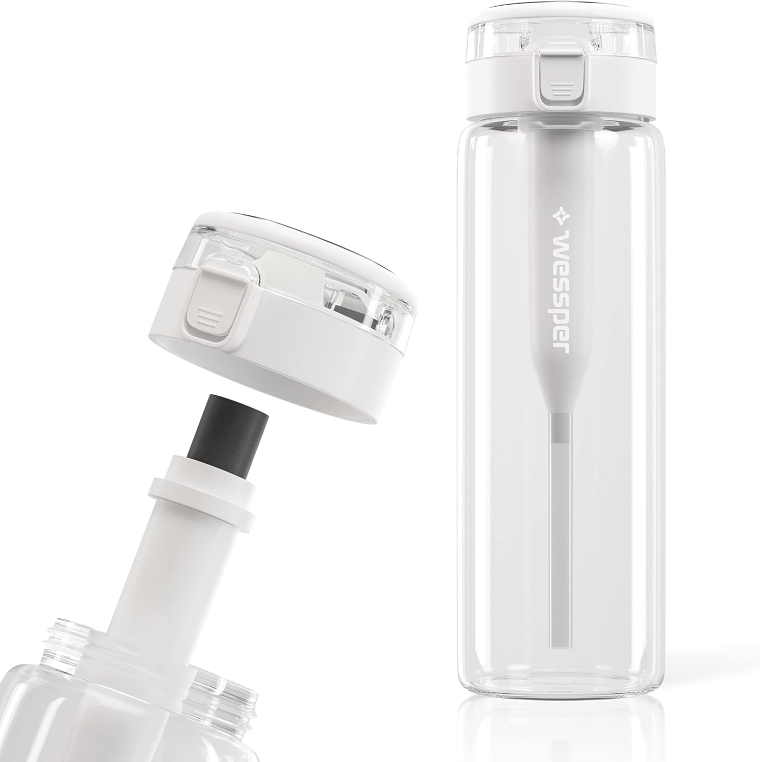 WESSPER Glass Water Bottle 680 ml with Water Filter, BPA-Free, Leak-Proof Glass Bottle with Activated Carbon Filter, Water Bottle with Screw Cap for Gym, Fitness, School, Office - Transparent