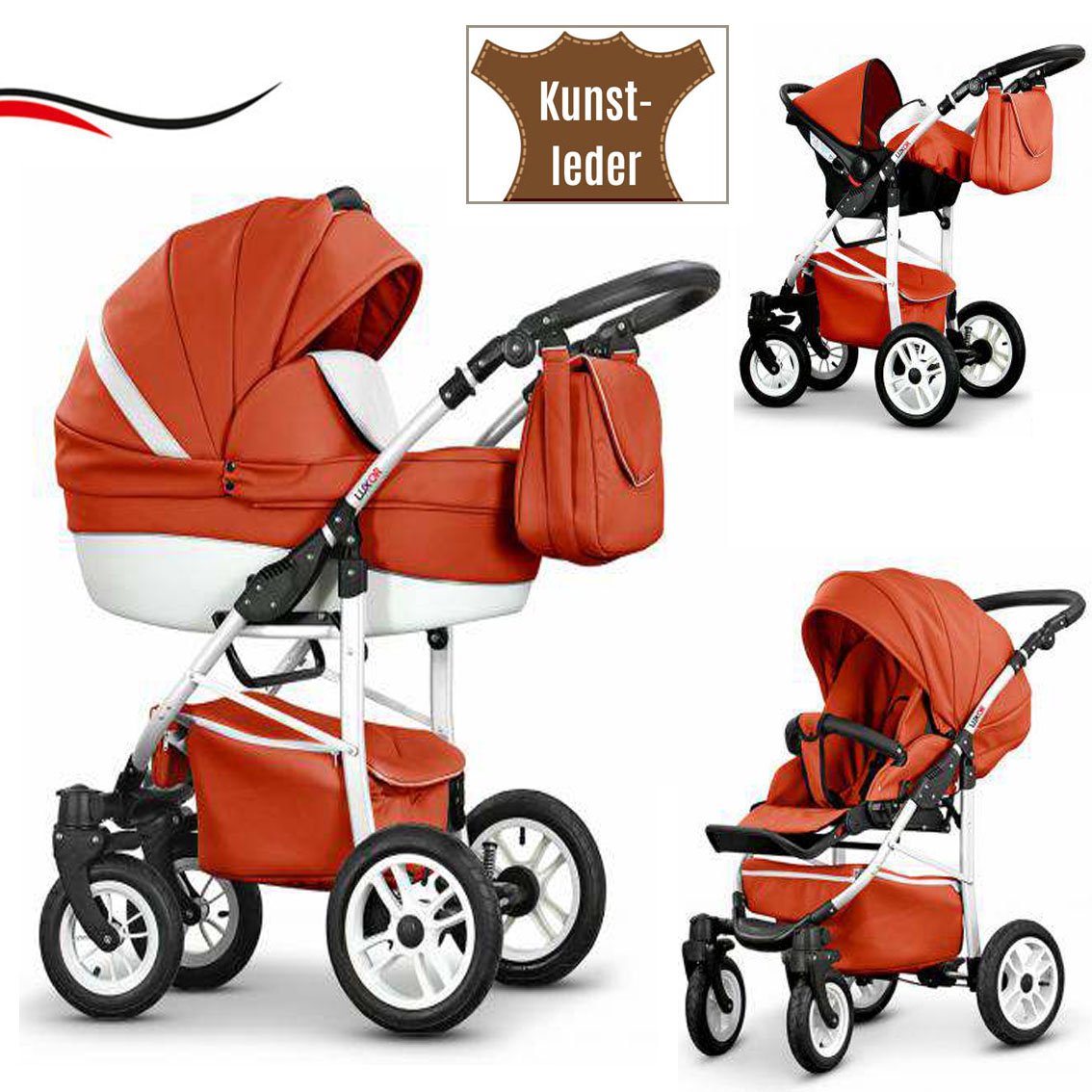 dein_babyladen 16-Piece Quality Travel System 3-in-1 \"Cosmo-Eco\" - Faux Leather: Pushchair + Buggy + Car Seat + Swivel Wheels - Mega Equipment - All Inclusive Package in 37 Great Colours