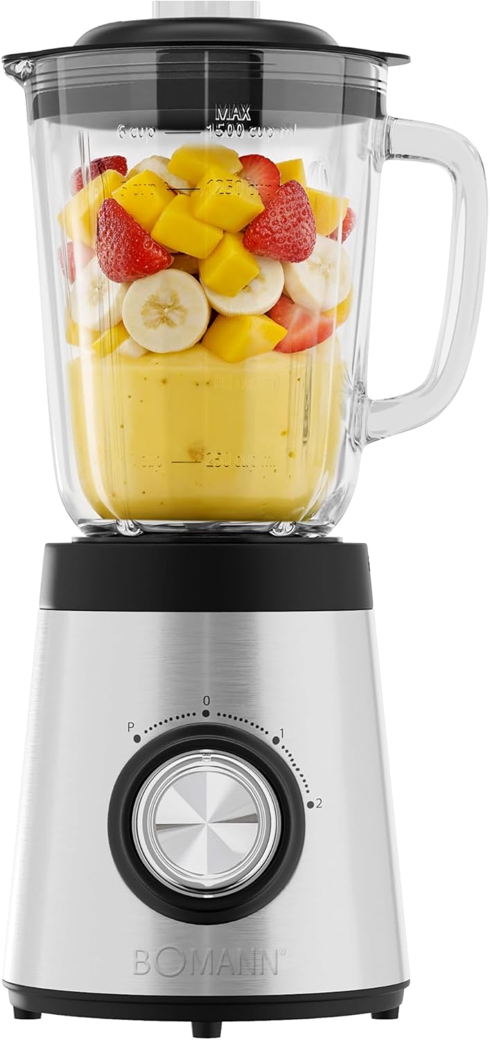 Bomann UM 6084 CB Stand Mixer 700 W BPA-Free Solid Glass 4-Way Stainless Steel Knife 1.5 L Smoothie Maker Ice Crush Function 3 Levels Turbo Function Lid with Refill Opening