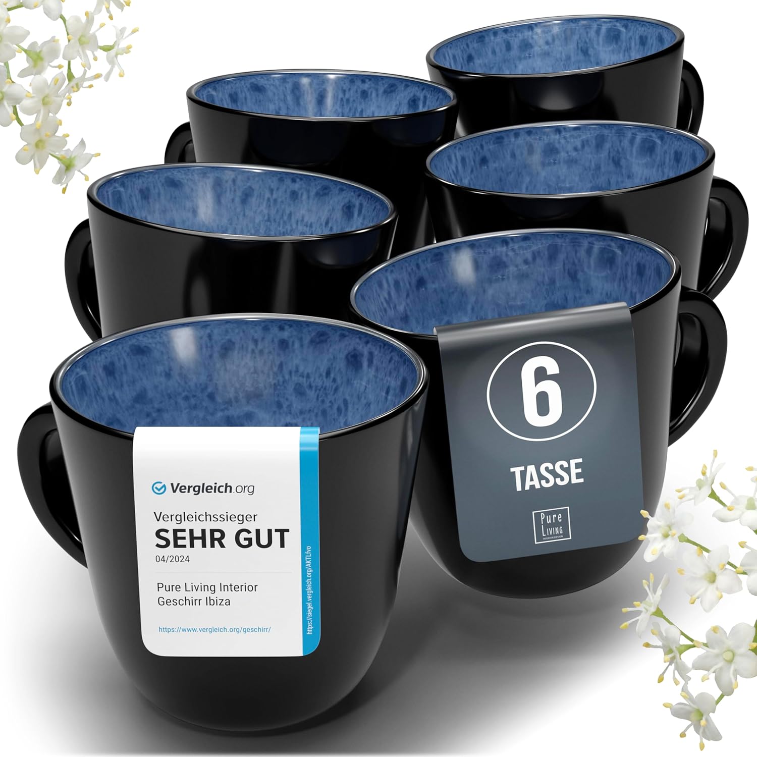 Pure Living Ibiza Stoneware Coffee Cups for 6 People, Mediterranean Cup Set, ‘Very Good’ in Test, Dishwasher and Microwave-Safe, Scratch-Resistant, Stylish Set of Tea and Coffee Cups, Deep Blue