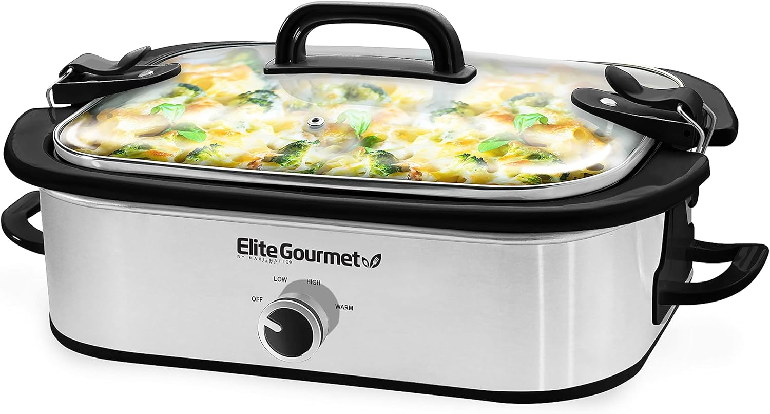 Elite Gourmet MST-5240SS Casserole Slow Cooker, Lockable Lid, Adjustable Temperature, Keeps Warm, Oven and Dishwasher Safe, 3.3L Capacity, Stainless Steel