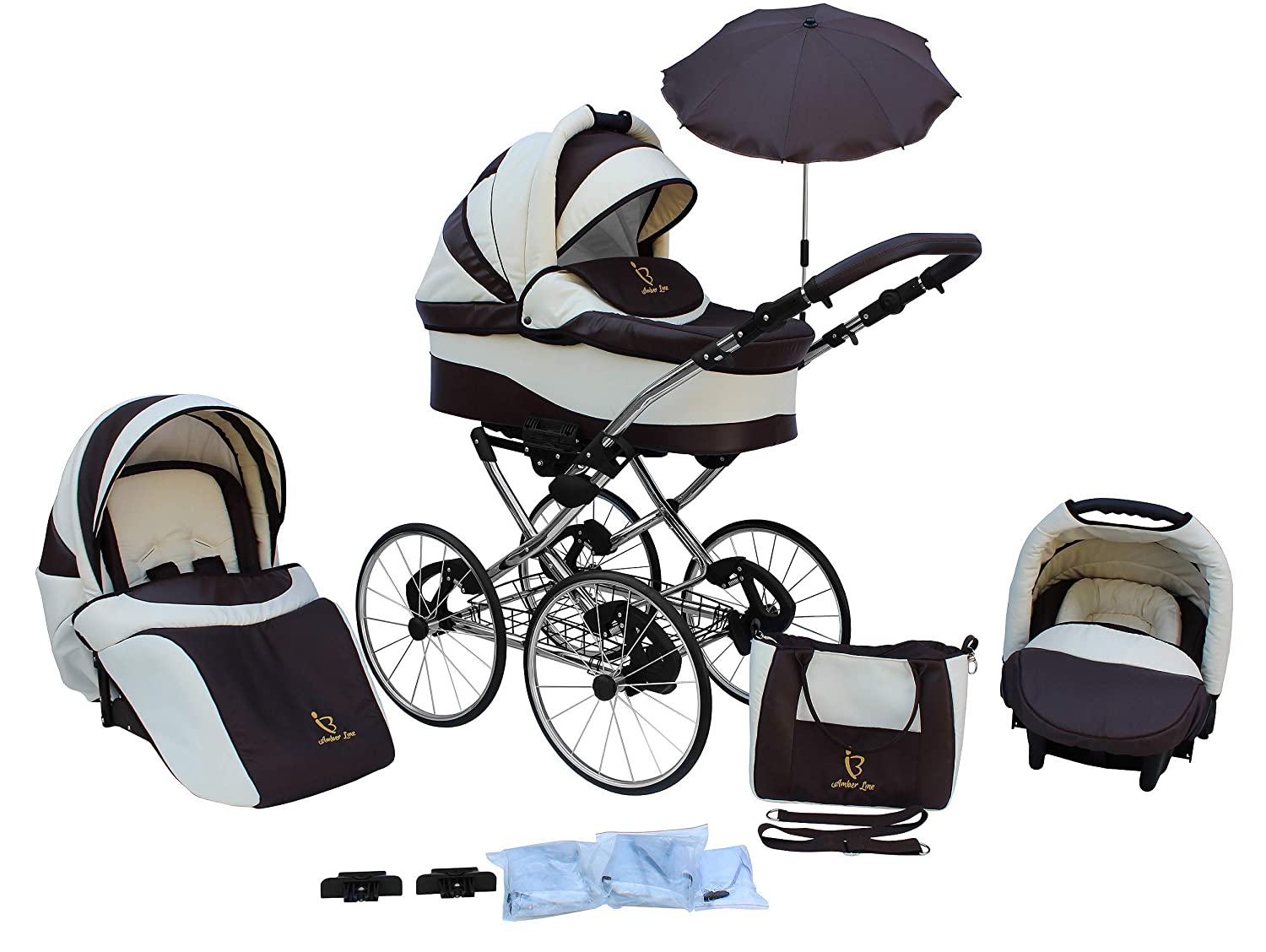 SKYLINE Classic Retro Style Combination Pram Buggy 3-in-1 Travel System Car Seat (Isofix) (Cream/17 Inch Hard Rubber Tyres)