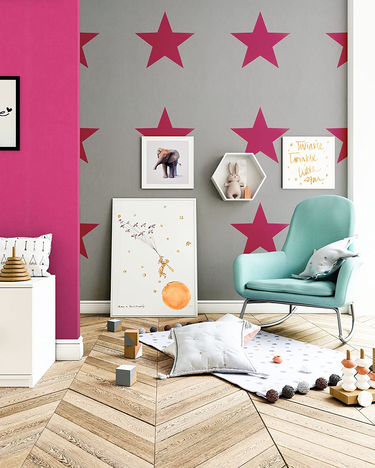 Newroom Design Newroom Children\'s Paper Wallpaper Red Berries Wallpaper Grey Tones, Modern Stars Fun Modern and Elegant Design For Baby Boys or Girls with Trestle Guide
