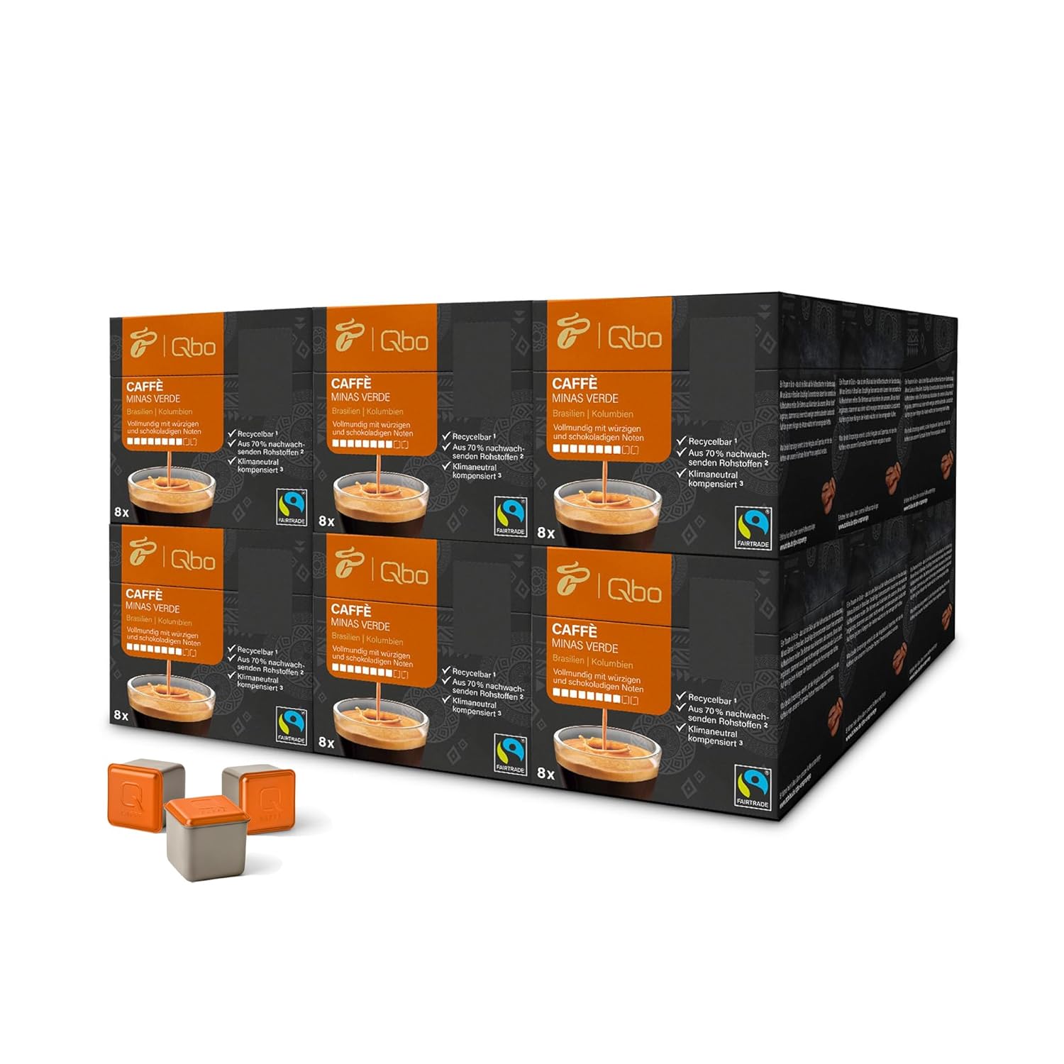 Tchibo Qbo Caffè Minas Verde Premium Coffee Capsules, Pack of 144 - 18 x 8 Capsules (Caffè, Intensity 8/10, Full-bodied and Spicy), Sustainable, Made from 70% Renewable Raw Materials and Climate