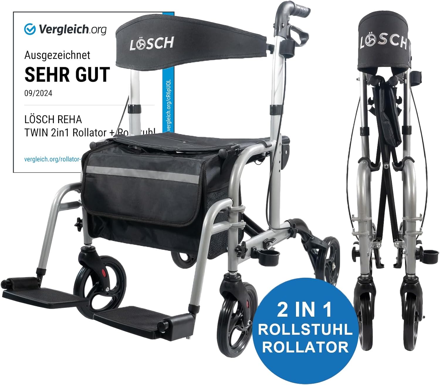 LÖSCH REHA TWIN 2-in-1 Rollator and Wheelchair, Lightweight & Foldable Rollator with Wheelchair Function for Indoor and Outdoor Use, with Bag, Stick Holder & Footrests, Easy to Convert, Silver