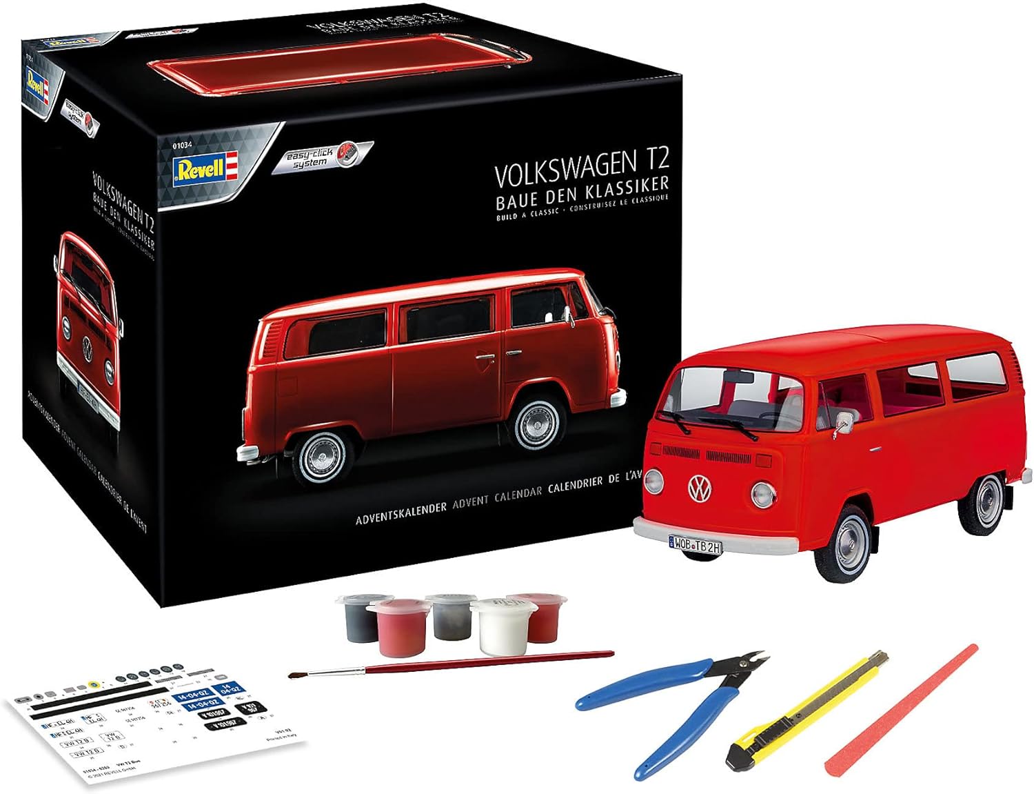 Revell Advent Calendar, VW T2 Bus with Easy-Click System in 24 Days to Model Bus Advent Calendar for Boys, Girls & Adults from 10 Years, Gift for Christmas