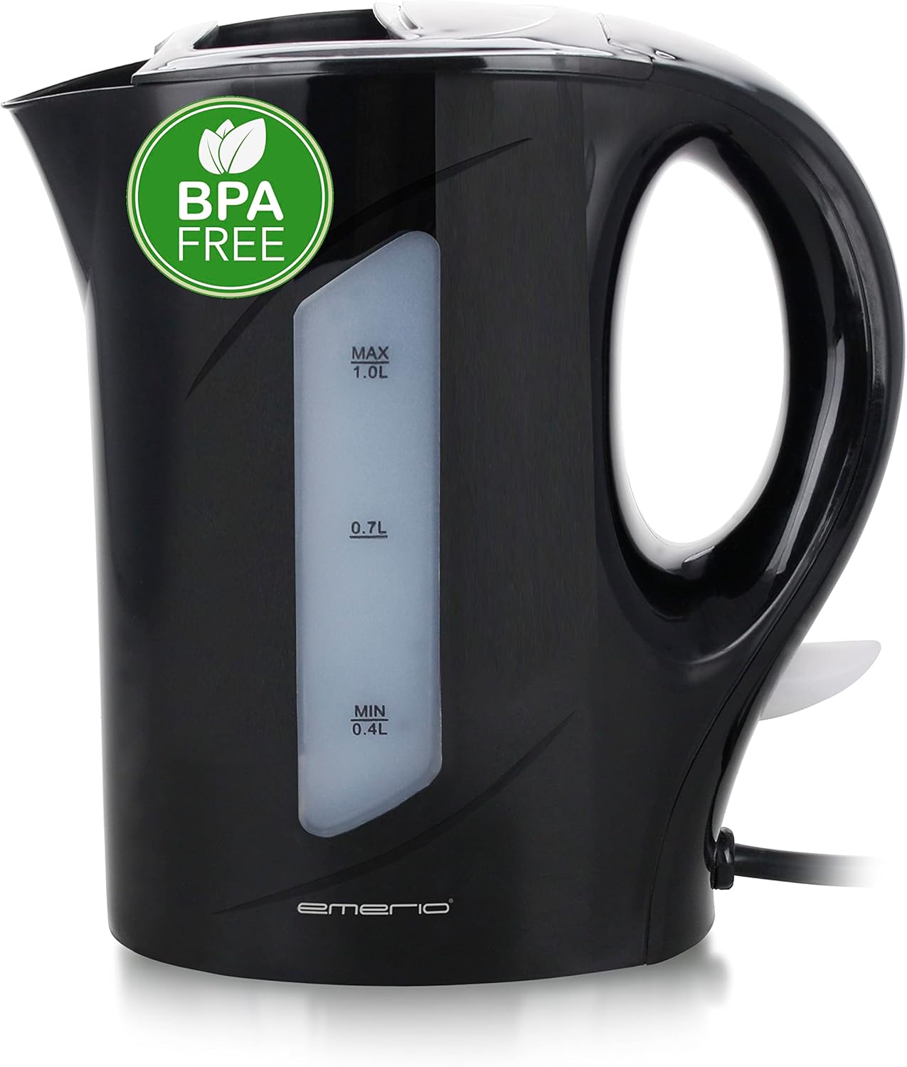 Emerio Kettle, 1.0 Litre, 900 Watt, Water Level Indicator, BPA-Free, Boil Dry Protection, Illuminated On/Off Switch, Ideal for Home, Camping or Office, WK-121616.1, Black