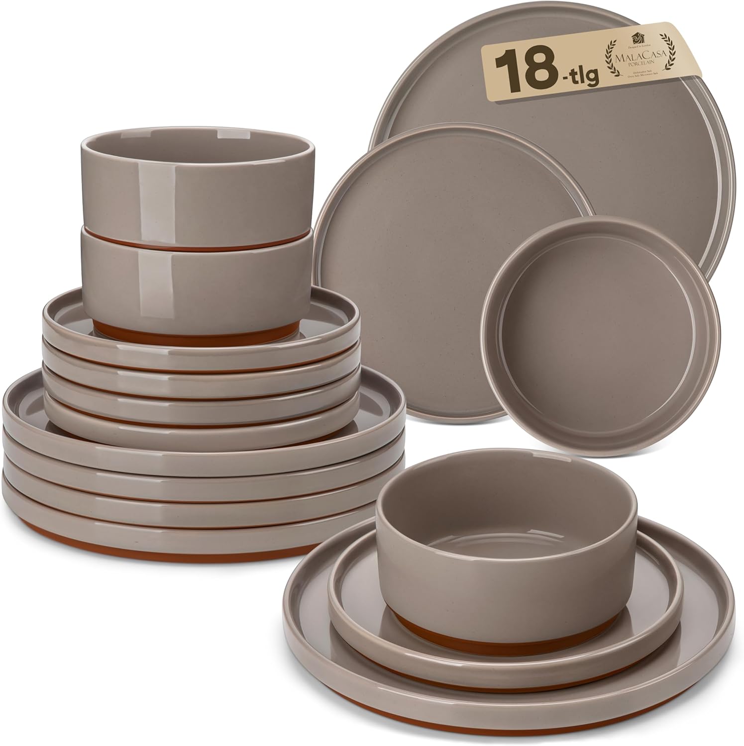 MALACASA Leah Series Crockery Set for 6 People, 18-Piece Brown Porcelain Dinner Service Set with 6x Dinner Plates, 6x Dessert Plates, 6x Cereal Bowls