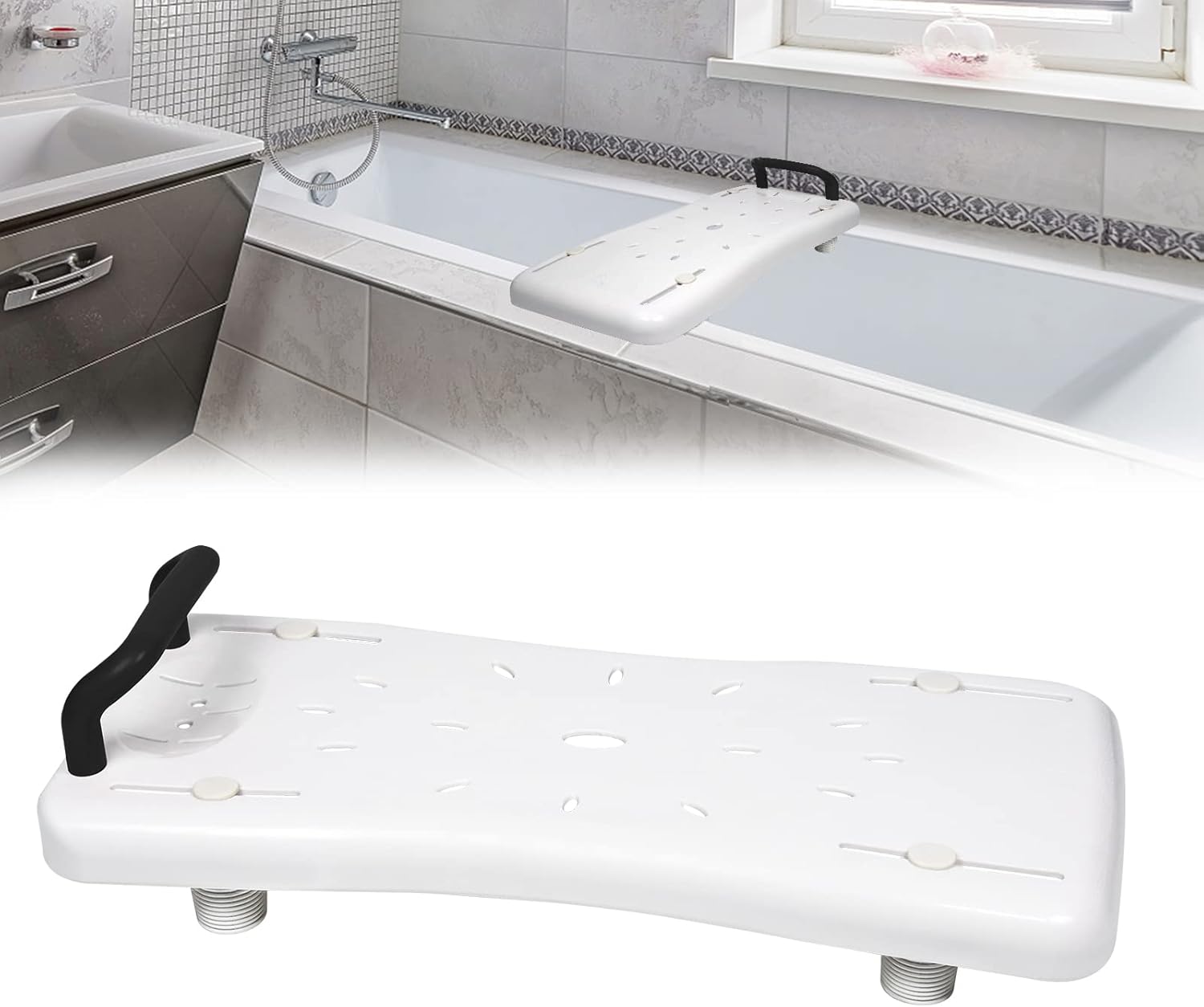 UISEBRT Store UISEBRT Bath Board Bath Seat for Seniors, Seat Board for Bathtub, Bath Seat with Handle and Soap Tray, Length 70 cm, White and Black