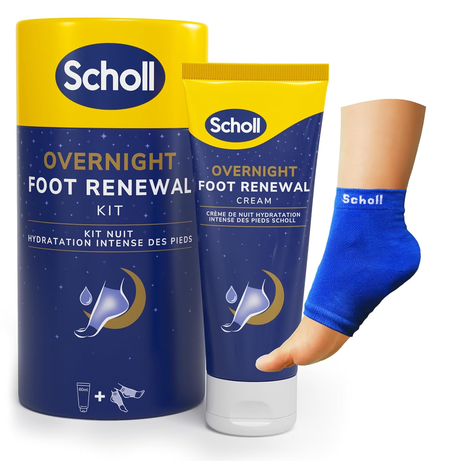Scholl Overnight foot care set, foot care cream 60ml, reusable gel heel socks 1 pair - for dry feet, visible results in 1 night, contains 5% urea, shea butter and coconut oil