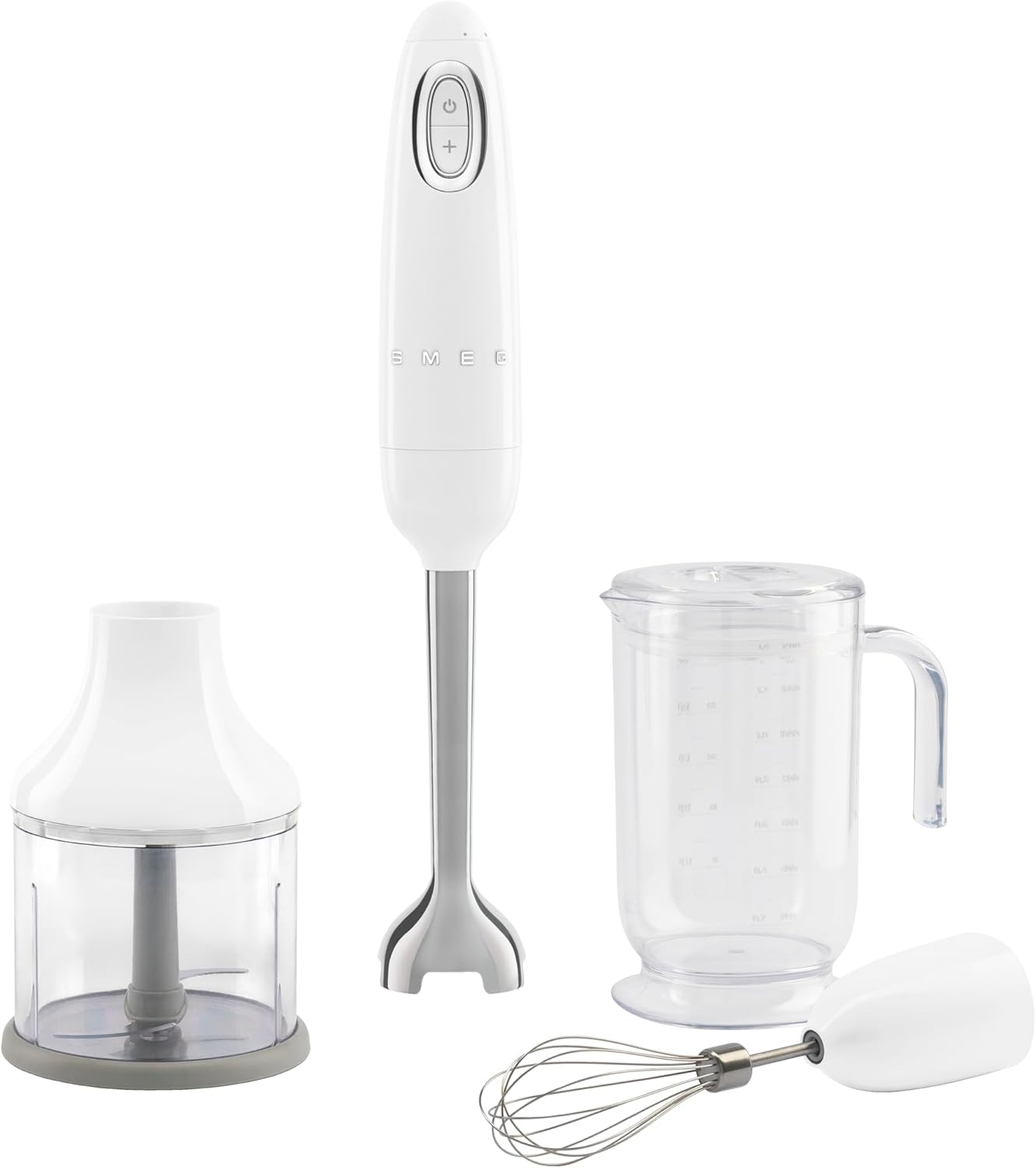 Smeg, HBF03WHEU Hand Blender, Turbo Function and Flowblend Cutting System, with Non-Slip Handle, Integrated Cable Winder, Includes Accessories, 700 W Power, White