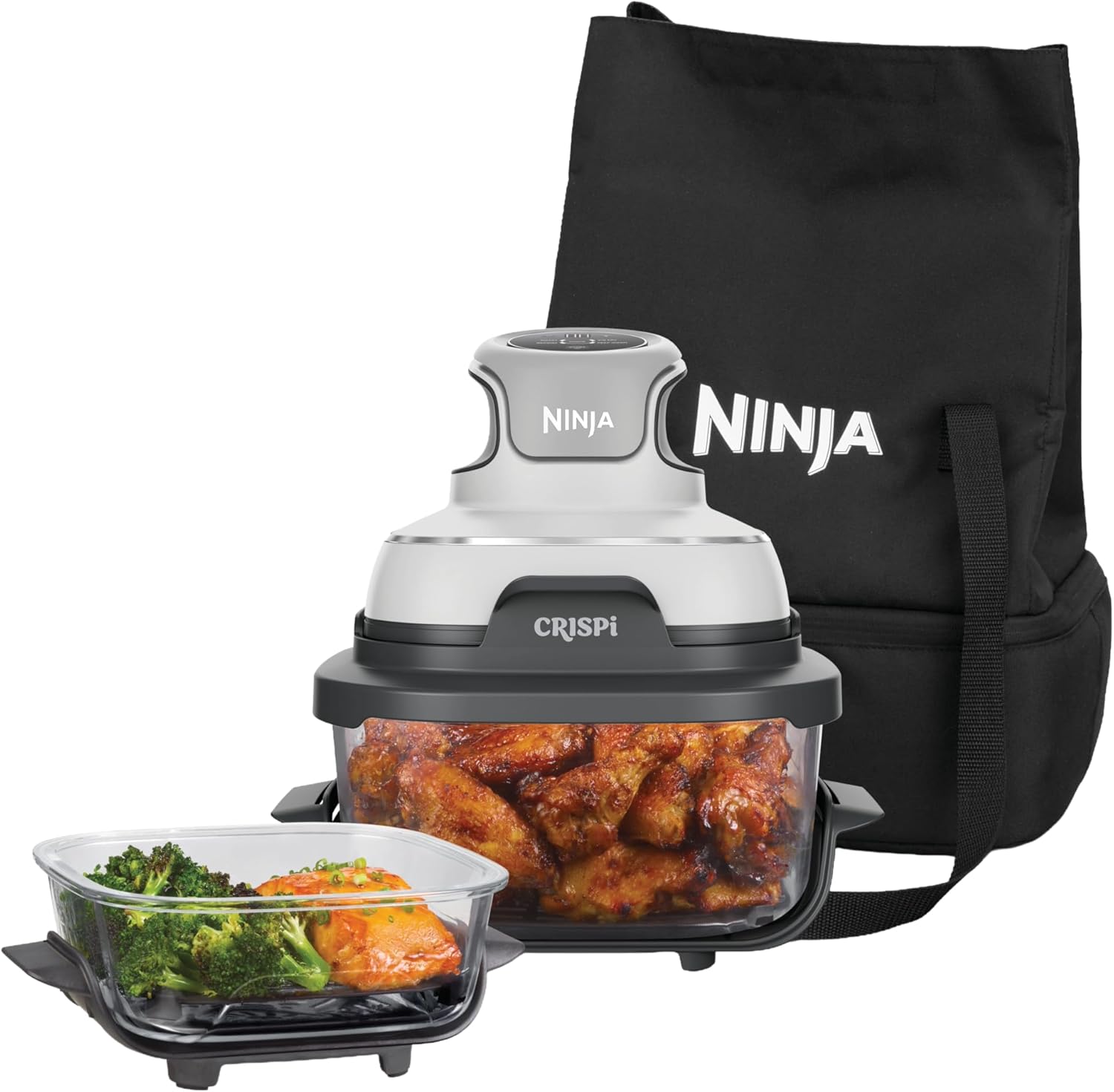 Ninja CRISPi Portable Hot Air Fryer with Carry Bag, 3.8L & 1.4L, 4-in-1: Hot Air Frying, Roasting, Crackling, Compact Design, 2 Removable Glass Containers & Lids 1700W, White FN102EU