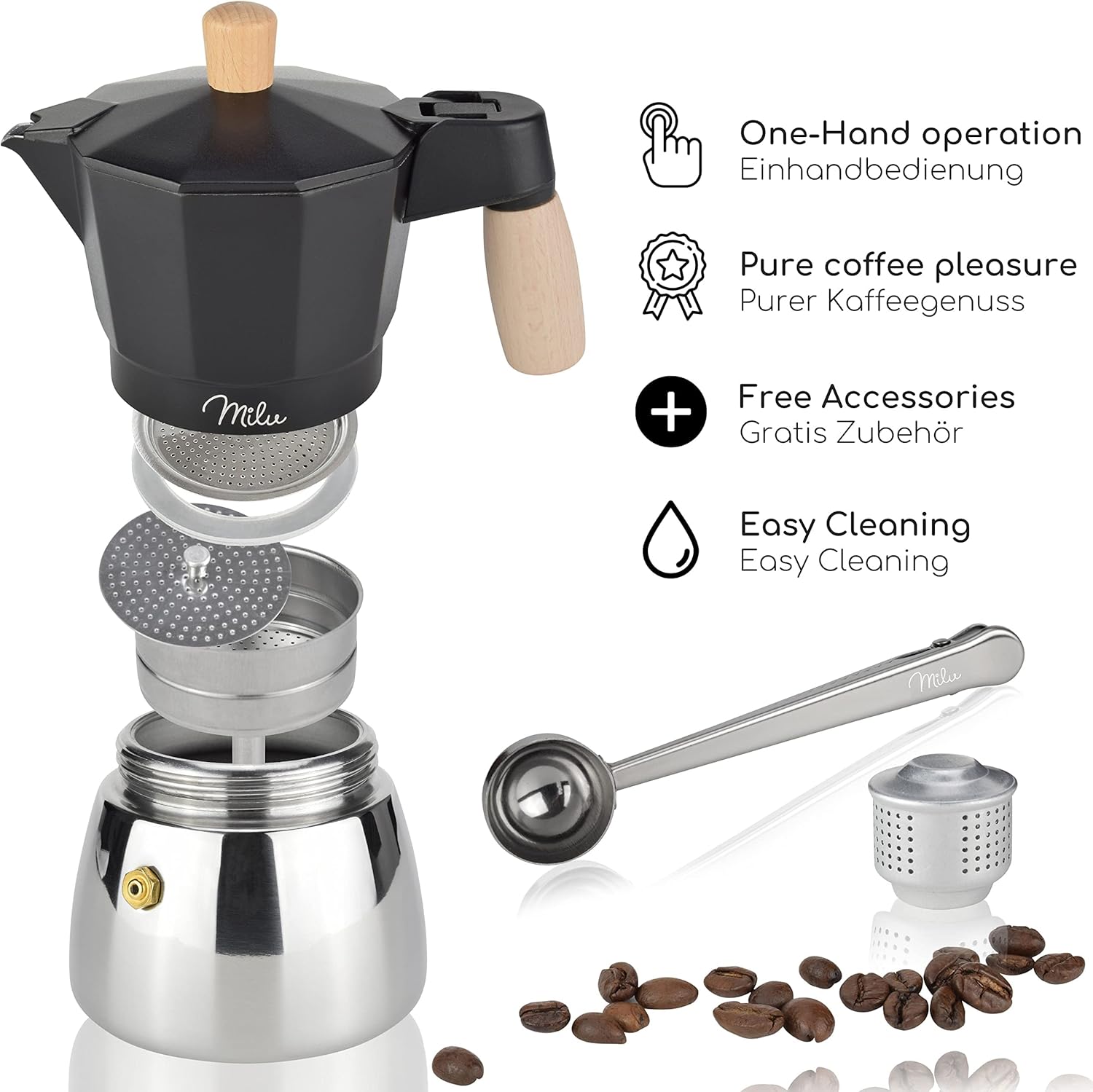 Milu Espresso Maker Suitable for Induction Cookers, 3, 6, 9 Cups, Aluminum/Stainless Steel Mocha Pot, Espresso Pot, Espresso Maker with Spoon, Brush (Black, 3 Cups (150 ml)
