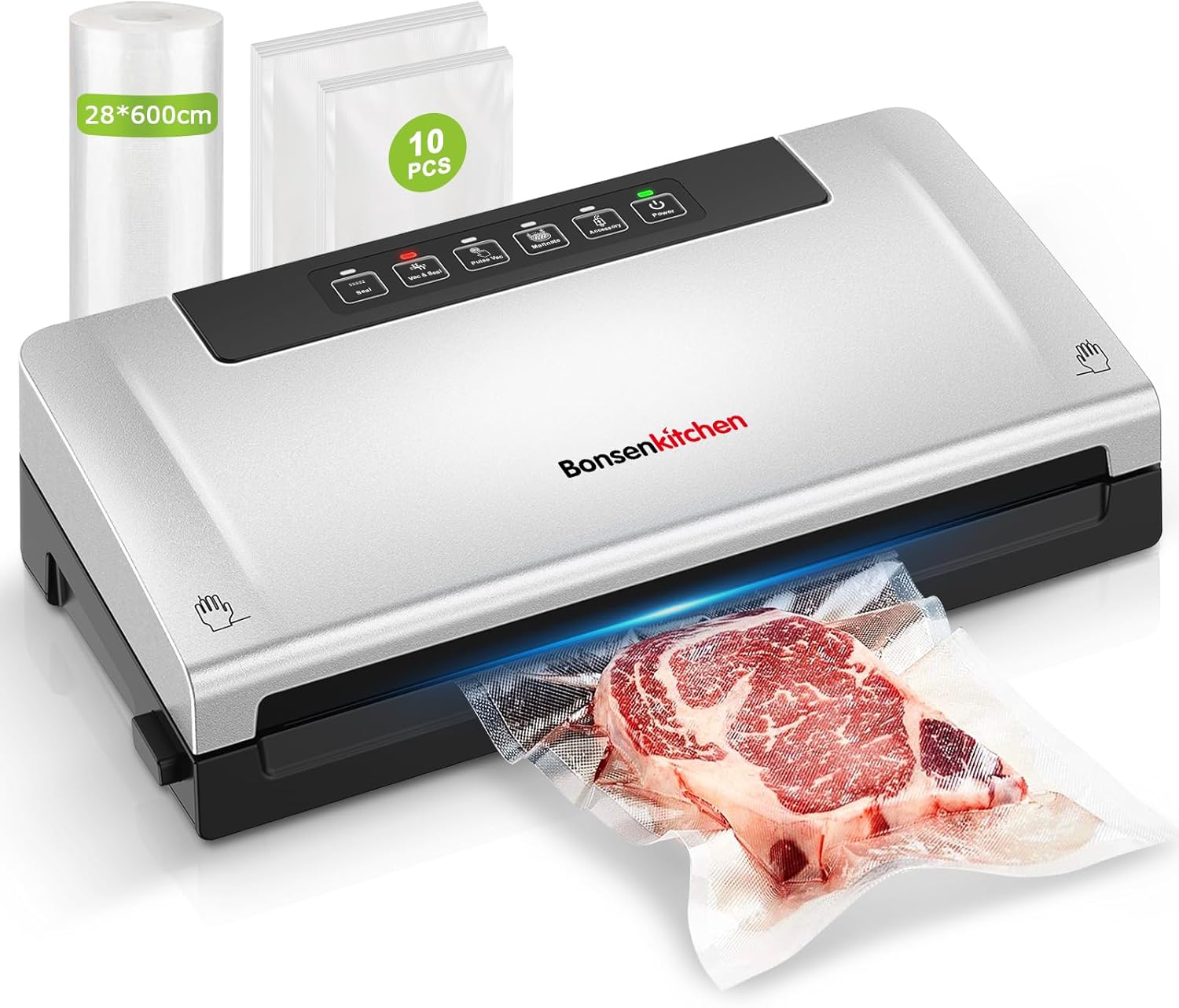 Bonsenkitchen Vacuum Sealer 5 Mode Vacuum Sealer with Cutter and Roll Bag Storage, for Continuous Working at High Speed, Includes 10 Vacuum Bags and 1 Roll Bag, VS3000