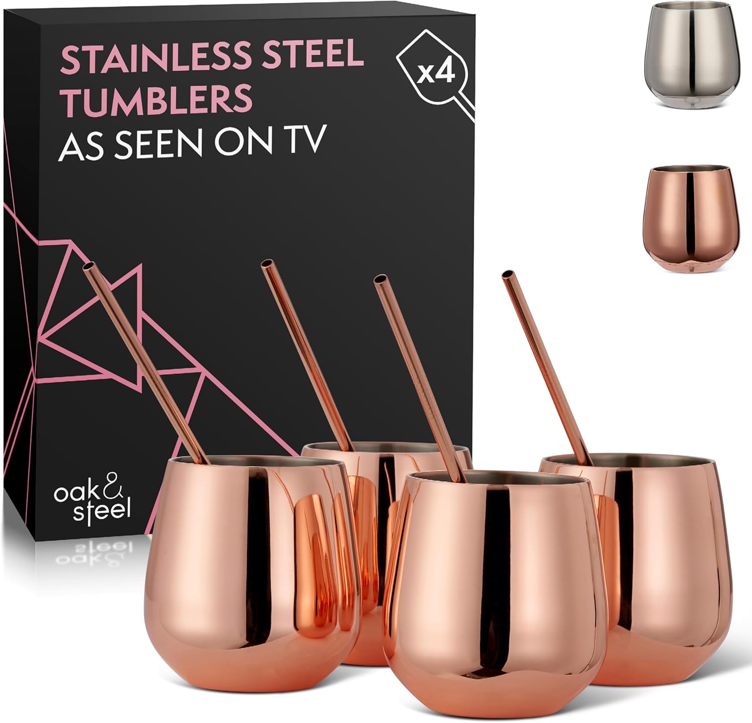 Oak & Steel - 4 Stainless Steel Rose Gold Wine Glasses without Stems, 4 Metal Straws & Cleaning Brush, 350 ml - Double Walled, Robust & Unbreakable - Gift Set for Christmas