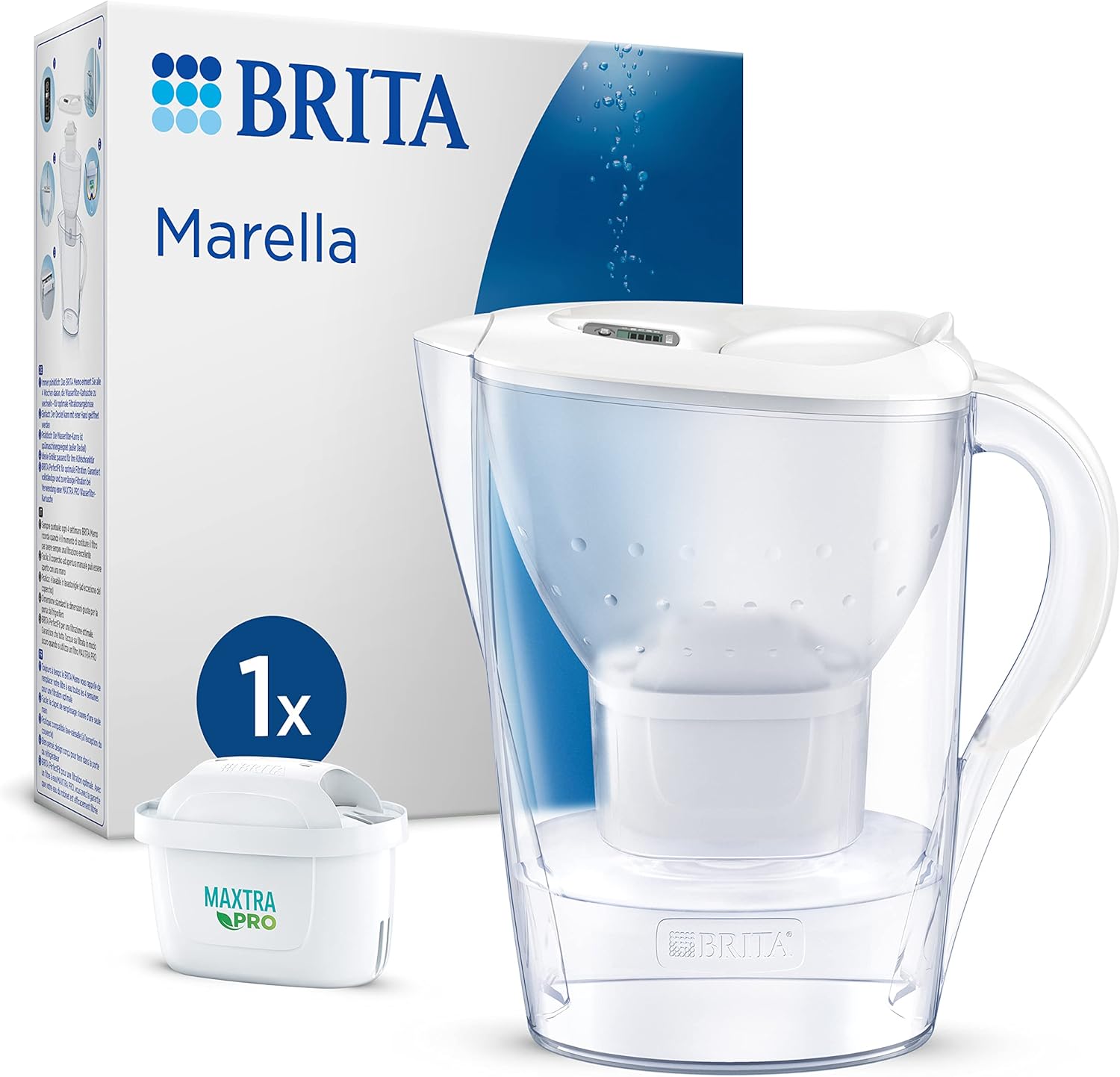 BRITA Marella Water Filter Jug White (2.4 L) Includes 1 x Maxtra Pro All-in-1 Cartridge - Filter Reduces Limescale, Chlorine, Lead, Copper & Taste-Disturbing Substances in the Water/Jug Fits in Fridge