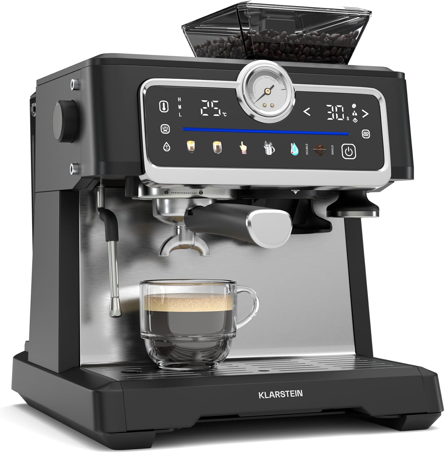 Klarstein GrandPresso Touch Portafilter Machine with Grinder - 20-Bar, 1350 W, Integrated Precision Grinder, Touch Screen, 2.3 L Water Tank, Steam Nozzle, Stainless Steel, Black