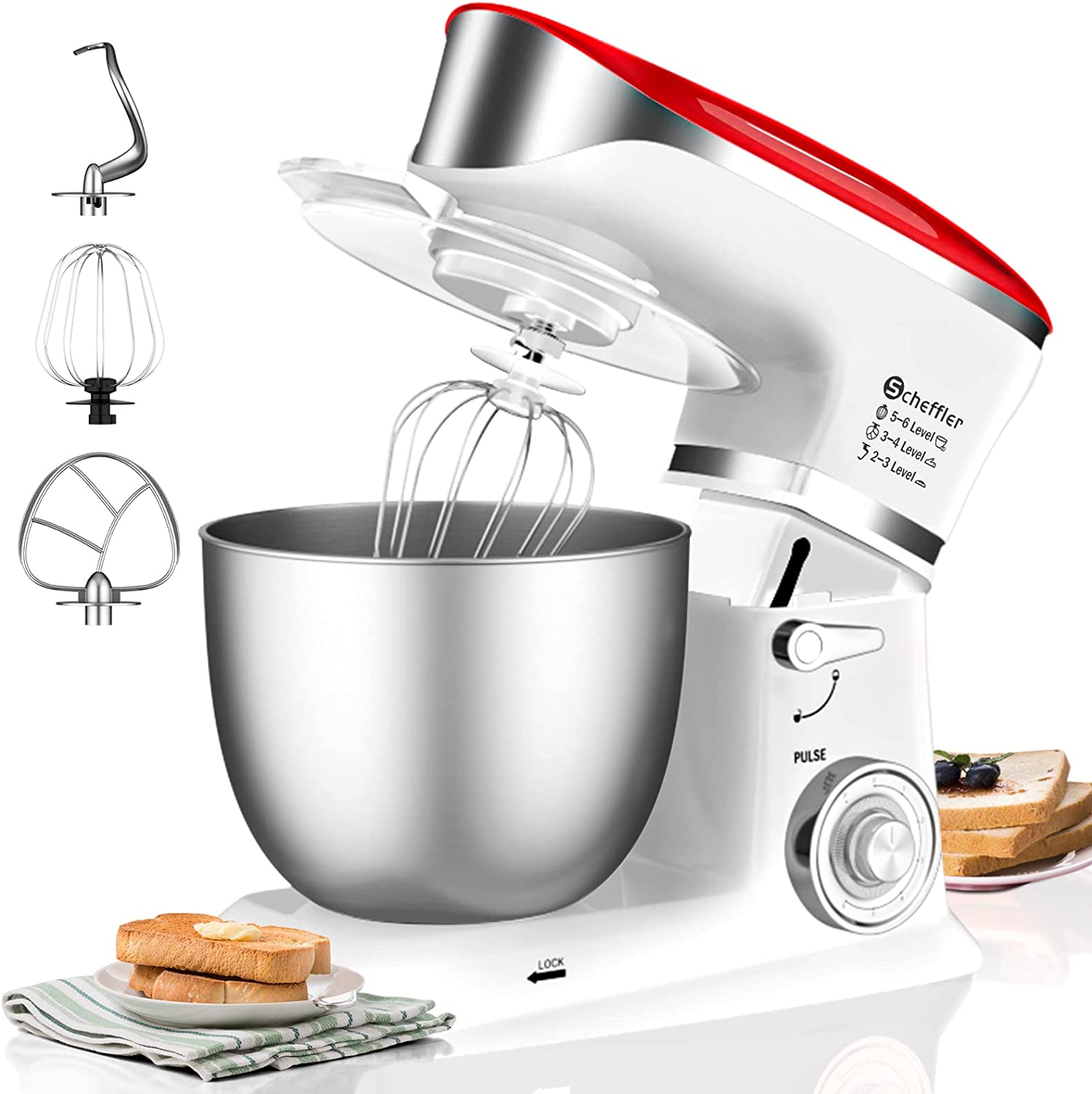 Scheffler Food Processor 2000 W Kneading Machine, 5 L Food Processor XL, Dough Machine, 6 Speeds, 8 Other Accessories Included, Dough Hook, Flat Stirrer, Whisk (5l-Red & White))