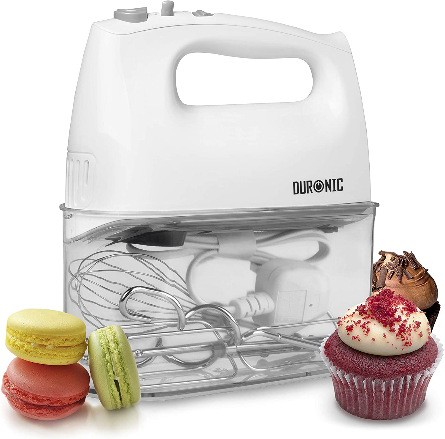 Duronic HM4 Hand Mixer/Mixer Hand Mixer with Turbo Function, Stainless Steel Whisk, Dough Hook and Whisk and Storage Box, 400 W