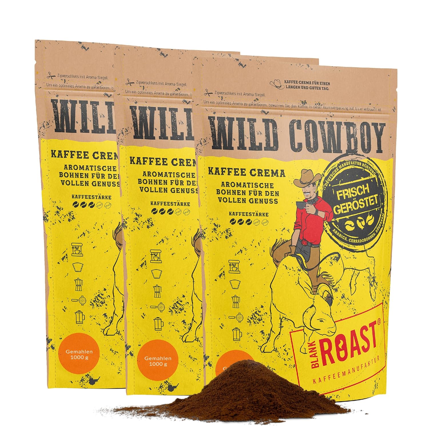 Blank Roast - Wild Cowboy Coffee - Ground for Filter - 1 kg (Pack of 3) - Roasted with Hickory Wood - Ground Coffee from Brazil and Uganda - 100% Arabica Blend with Chocolate Nuances - Low Acid