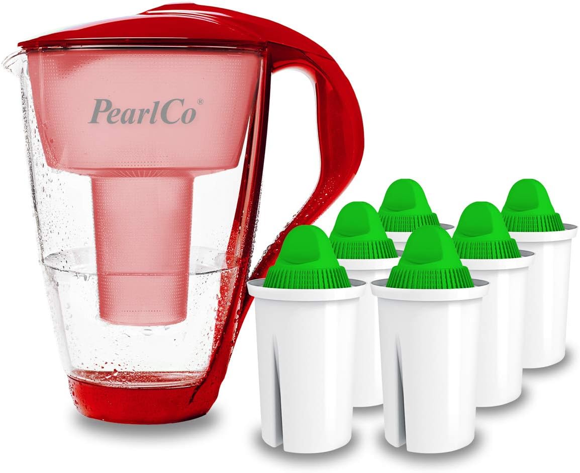 PearlCo Glass Water Filter (Red) with 6 Alkaline Classic Filter Cartridges - Made in EU