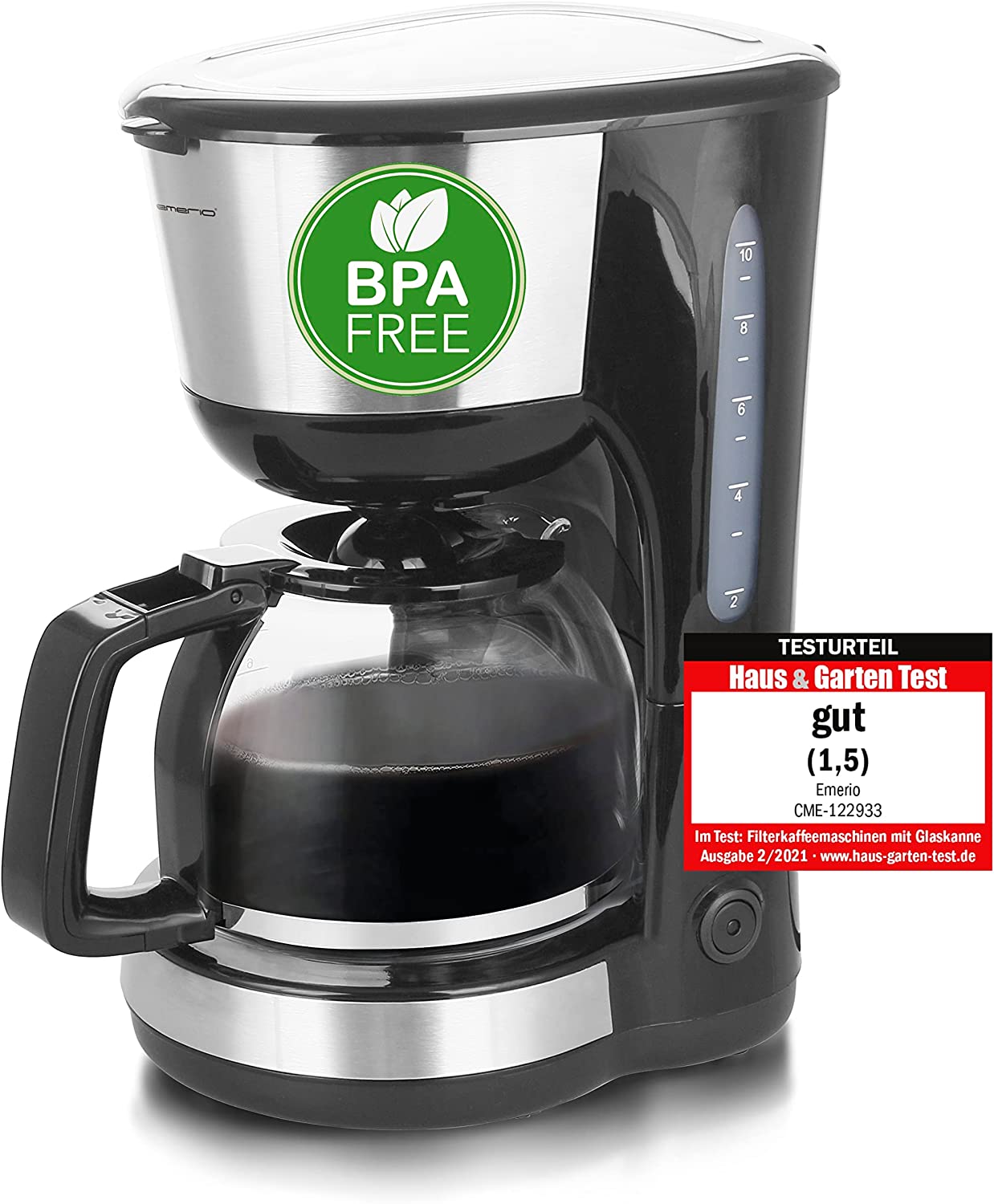 EMERIO CME-122933 Filter Coffee Machine, 1.25 L for up to 10 Cups of Fresh Coffee, Removable Permanent Filter, Anti-Drip Function, Glass Coffee Pot, Auto-Off, 1000 Watt, Black/Silver