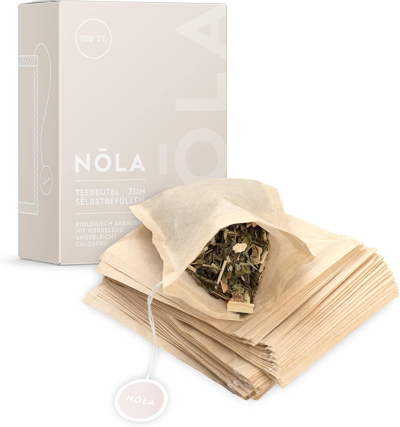 NOLA Disposable Tea Bags for Loose Tea (Pack of 100) - Biodegradable & Recyclable - with Drawstring - 9.5 x 8 cm - Also Suitable for Teapots, Brown