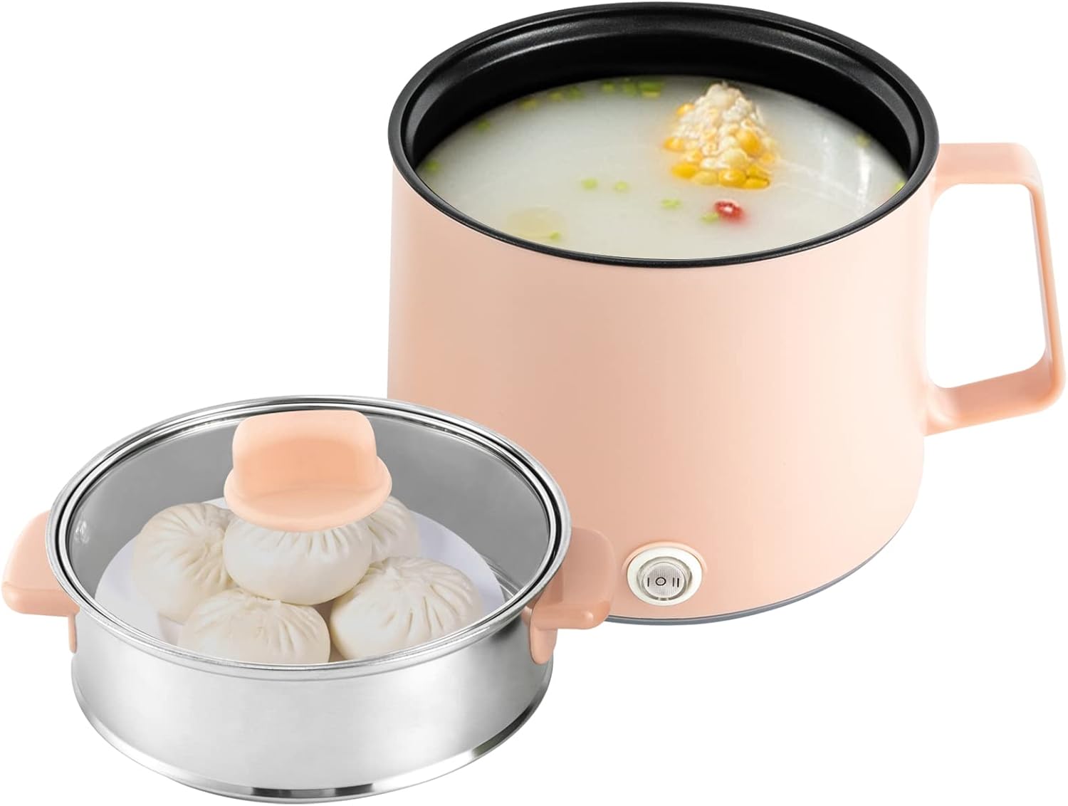 MccoMMon Portable Multifunction Rice Cooker, 1.7L Non-Stick Steamer, Mini Cooking Pot, Portable Mini Pasta Cooker, Electric Hot Pot with Steamer, Home Office (Pink)