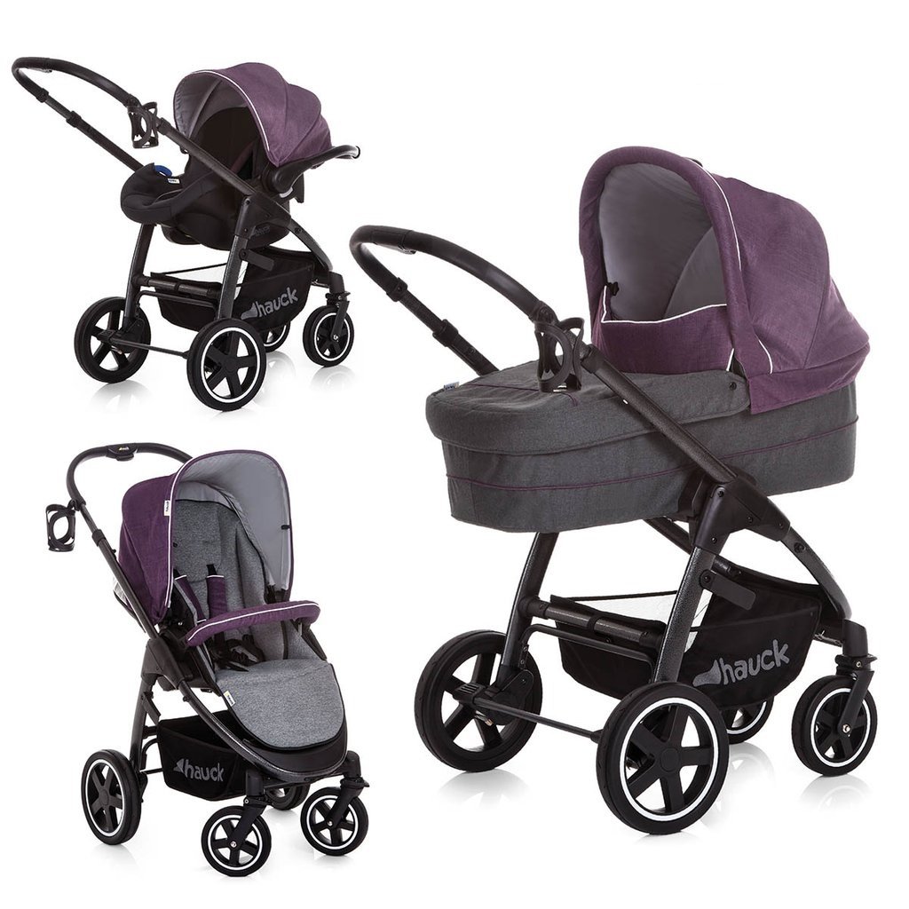 Hauck Soul Plus Trio Combi Pushchair Set / Baby Bath Including Mattress / Car Seat / Reversible Seat / Quick Fold / Height Adjustable / Maximum Load 25 kg / Drinks Holder / Berry Purple