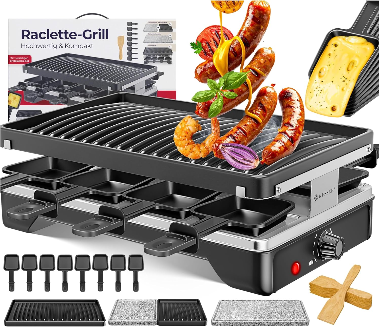 KESSER® Raclette Grill with Natural Grill Stone, Grill Plate, Table Grill for 8 People, Electric Grill, Raclette Grill, Non-Stick Grill Plate, 8 Pans and Wooden Spatula, 1200 W