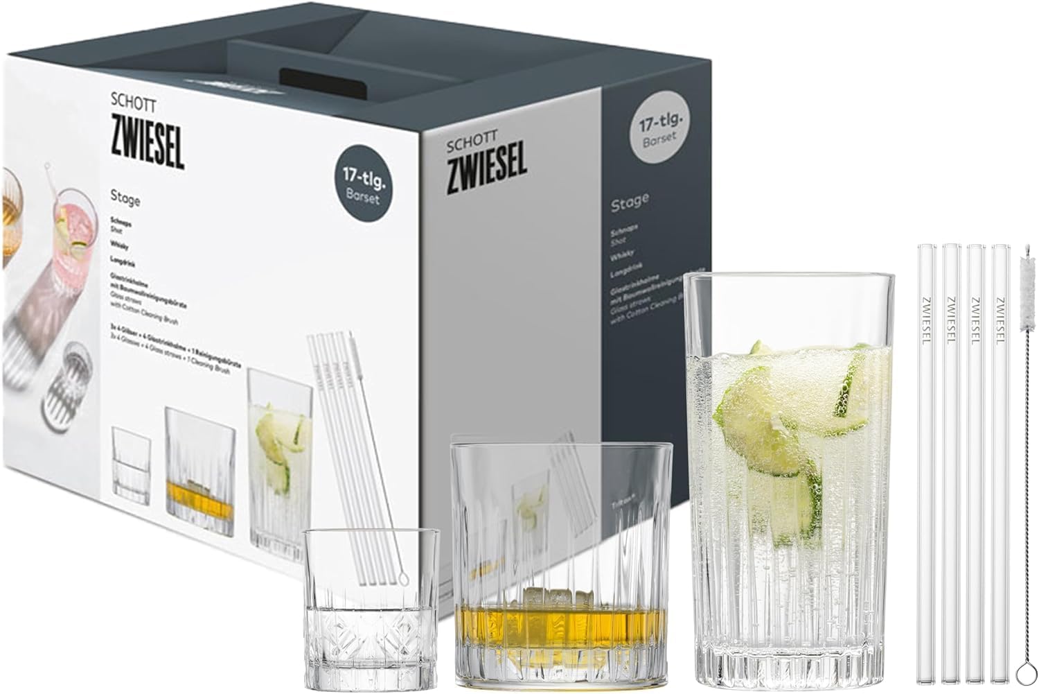 Schott Zwiesel Stage Bar Glasses Set of 17, Long Drink Glasses (440 ml) Whisky Glasses (364 ml) and Shot Glasses (78 ml) with Relief (Item No. 124011)