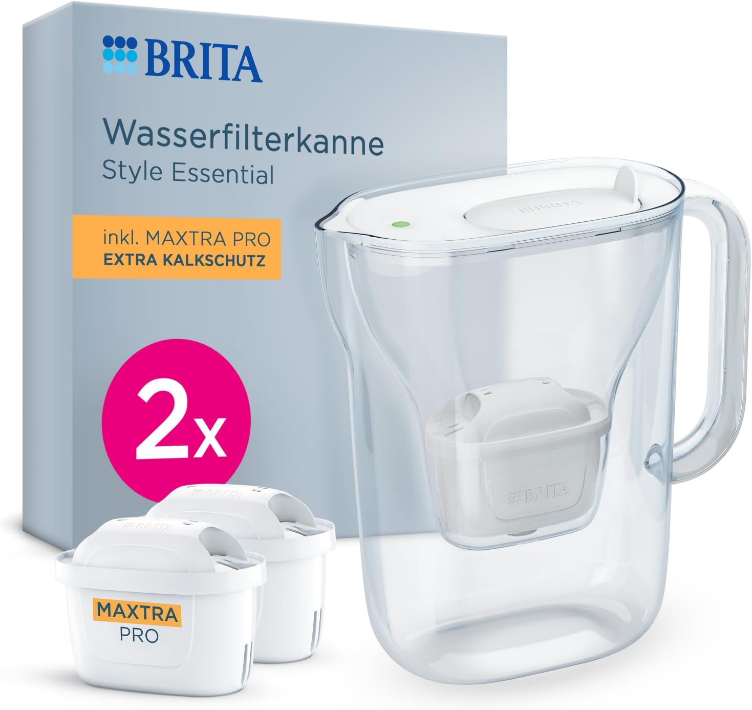 BRITA Style Essential Water Filter Jug White (2.4 L) Including 2 x Brita Maxtra Pro Extra Limescale Protection - Refrigerator-Safe Filter Jug with Smart Light LED & Folding Lid, Filters Impurities